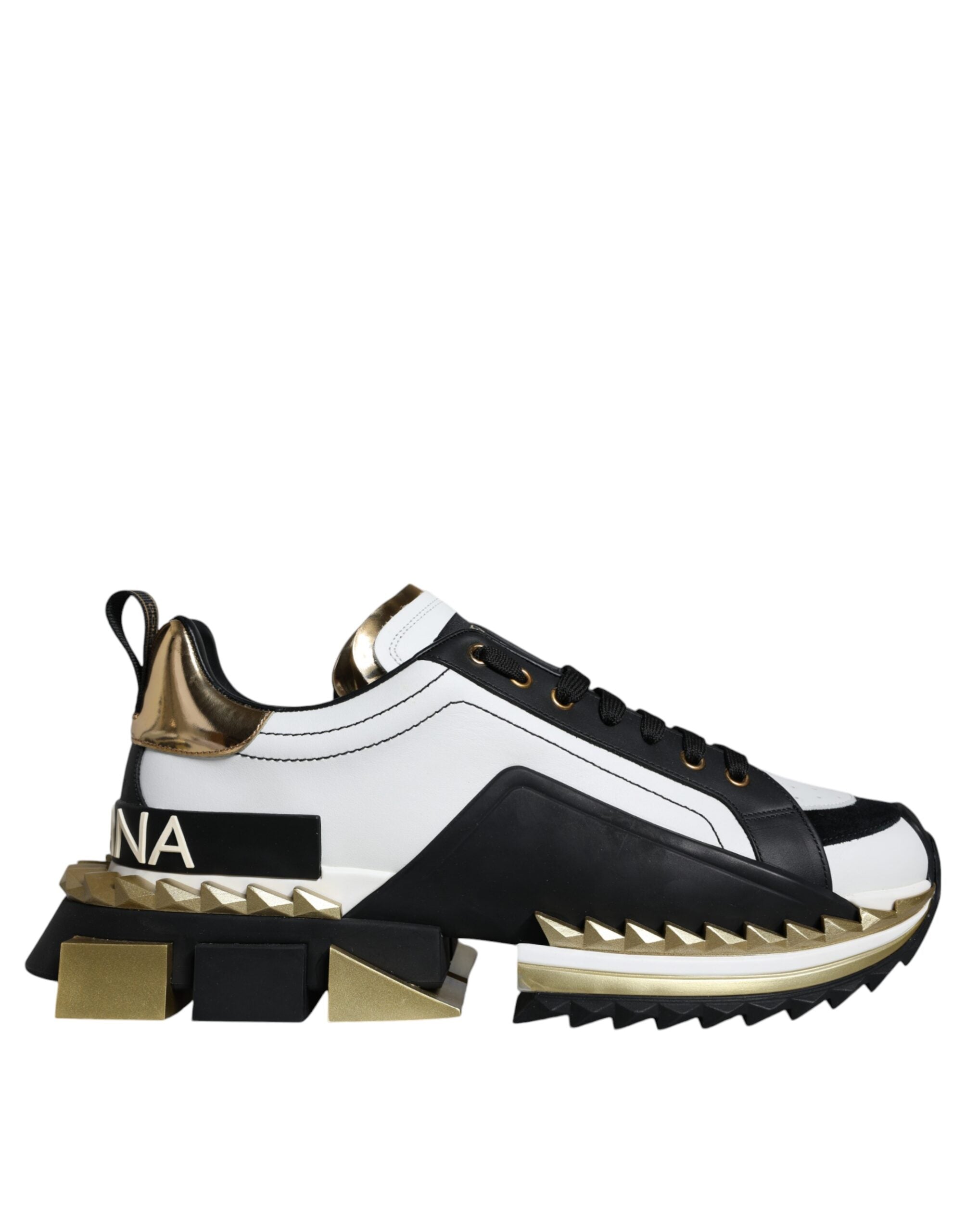 Dolce &amp; Gabbana Weißgold Schwarz Leder SUPER KING Sneakers Schuhe