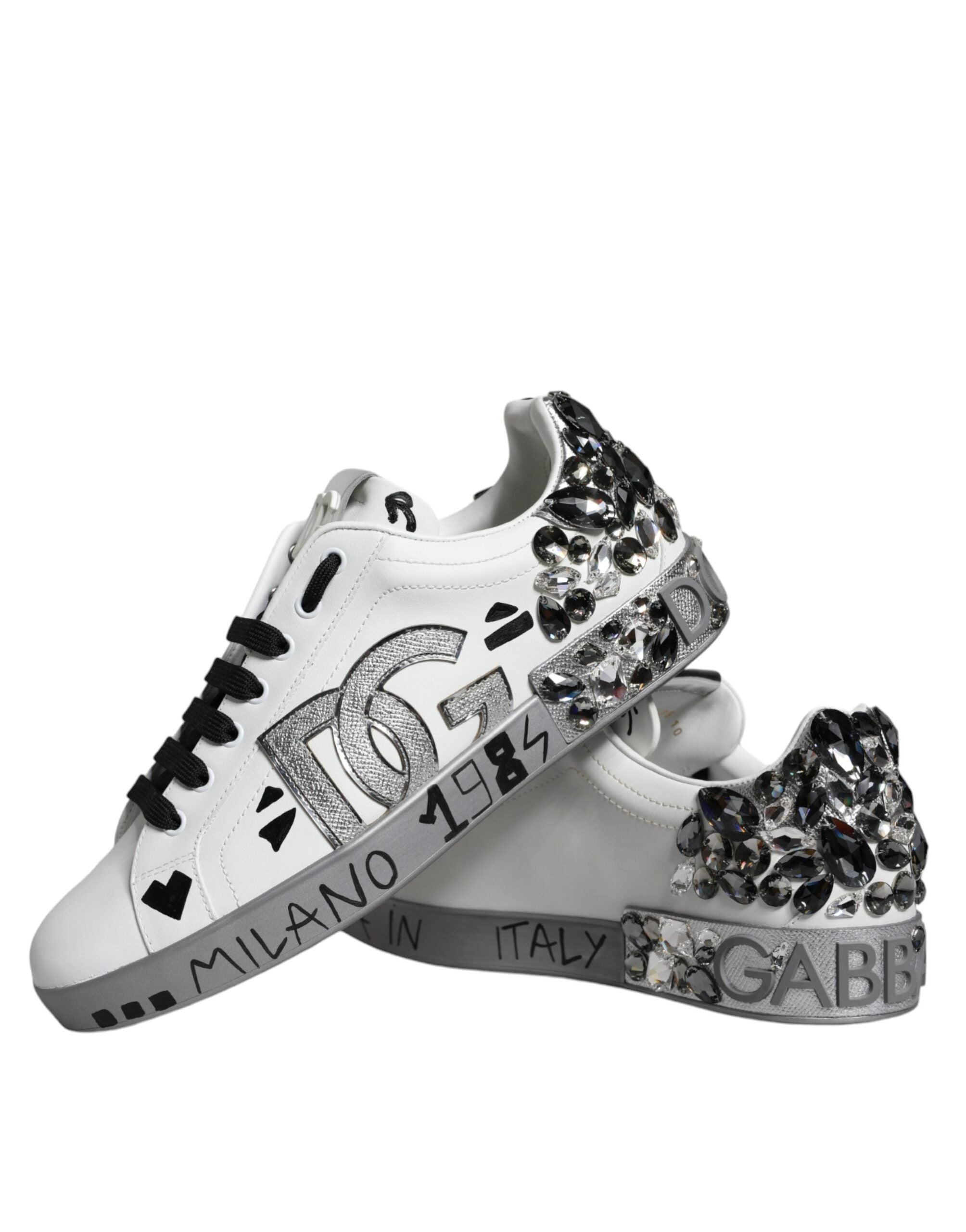 Dolce &amp; Gabbana – Portofino – Sneaker mit Kristall-Logo in Weiß und Silber