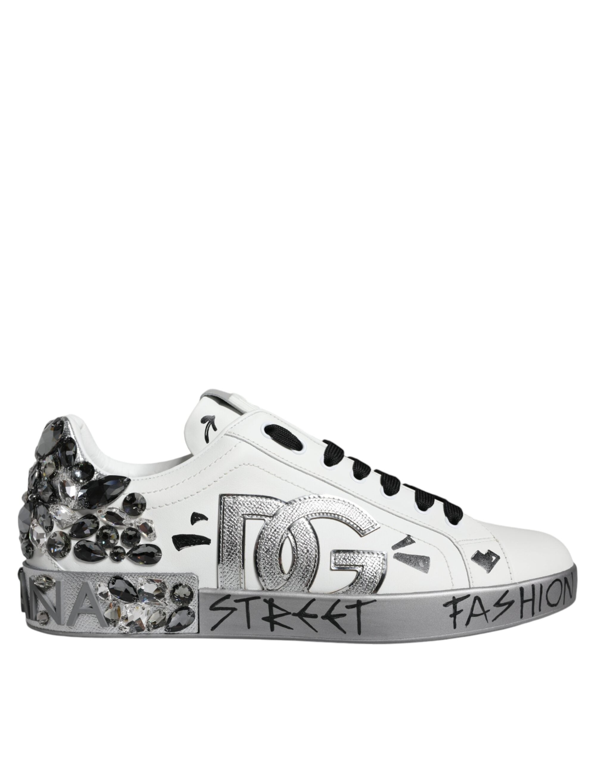 Dolce &amp; Gabbana – Portofino – Sneaker mit Kristall-Logo in Weiß und Silber