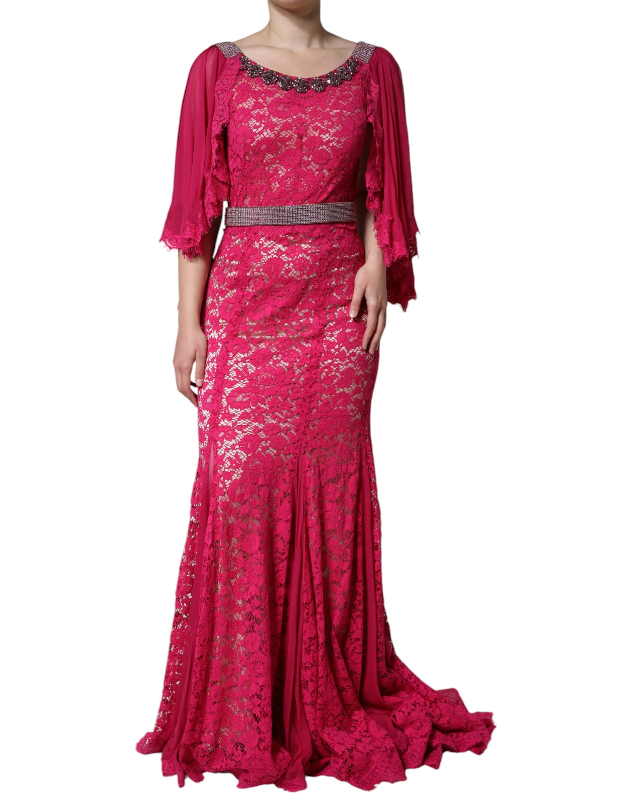 Rochie lungă Dolce &amp; Gabbana cu dantelă roz și cristale