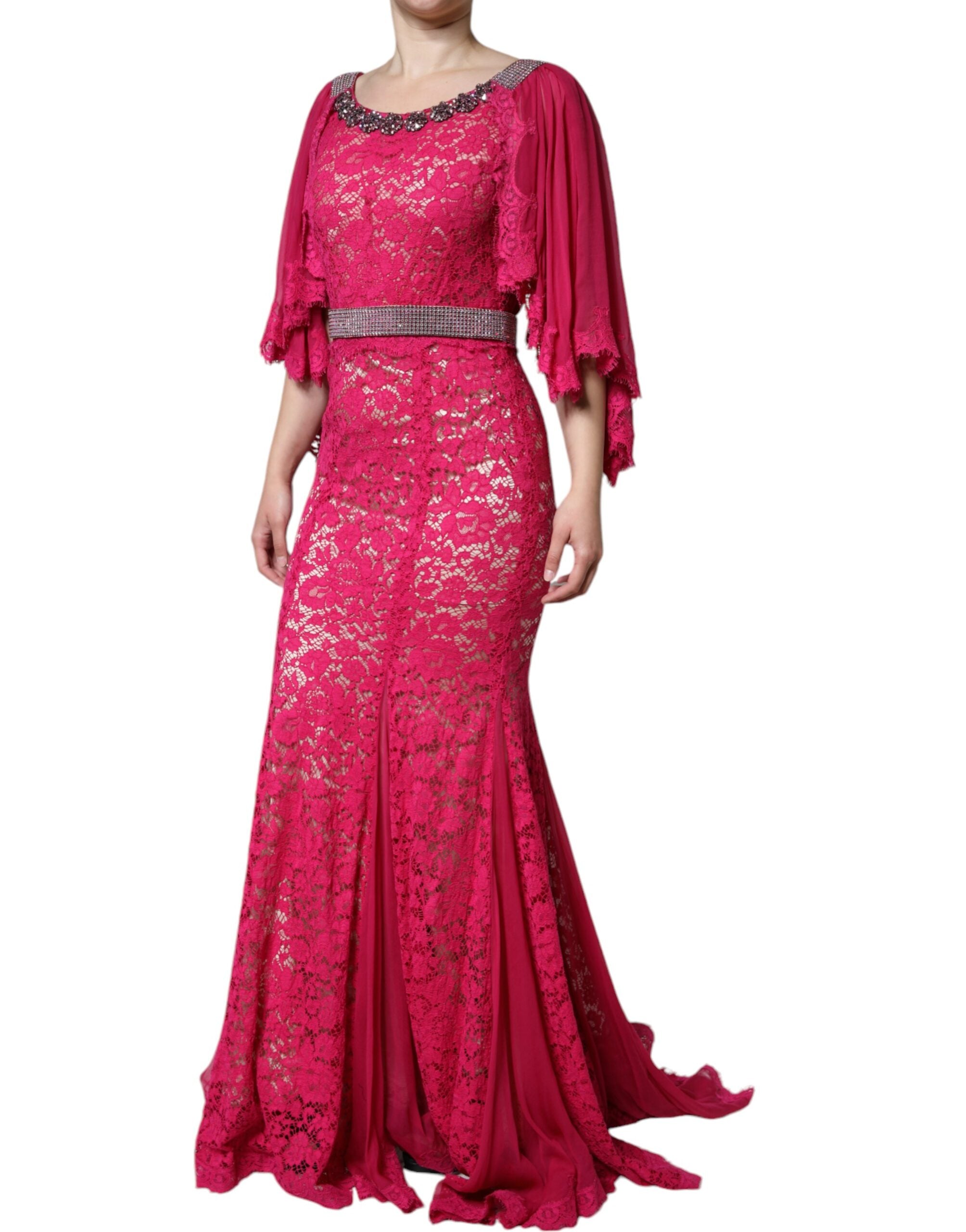 Rochie lungă Dolce &amp; Gabbana cu dantelă roz și cristale