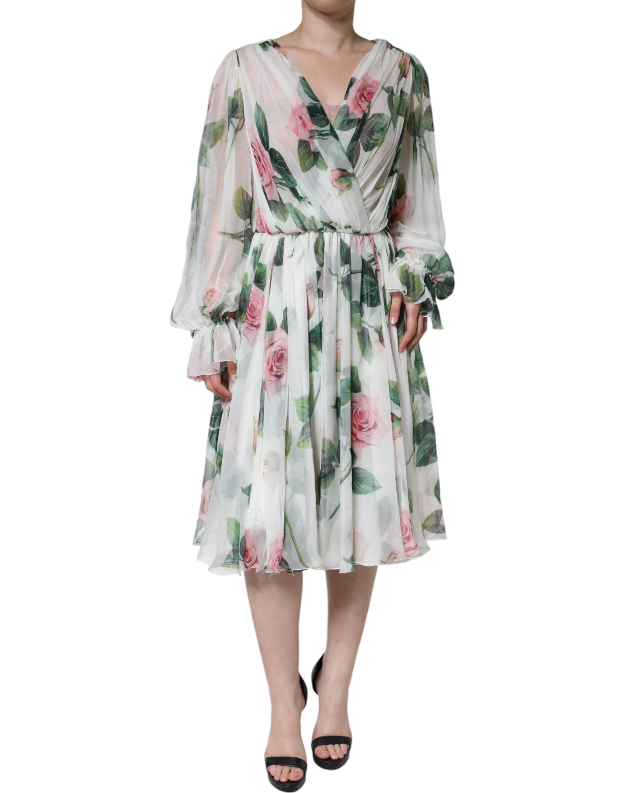 Rochie midi Dolce &amp; Gabbana albă din mătase cu imprimeu floral, cu linie A