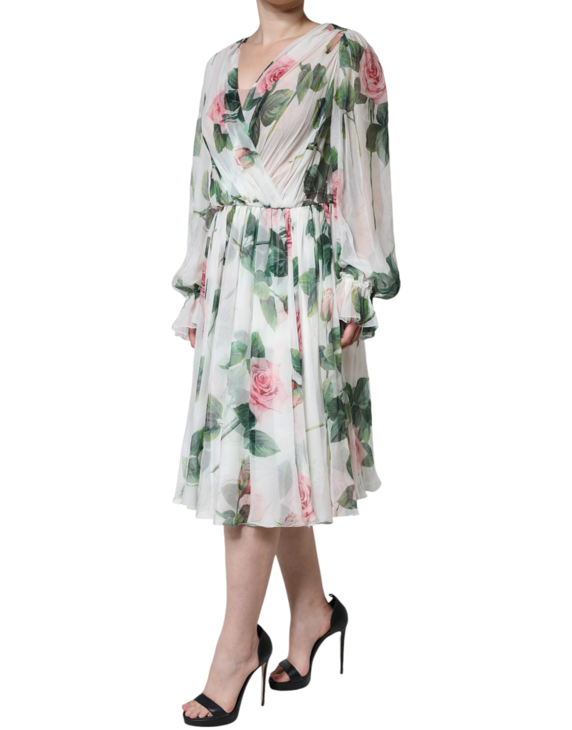 Rochie midi Dolce &amp; Gabbana albă din mătase cu imprimeu floral, cu linie A