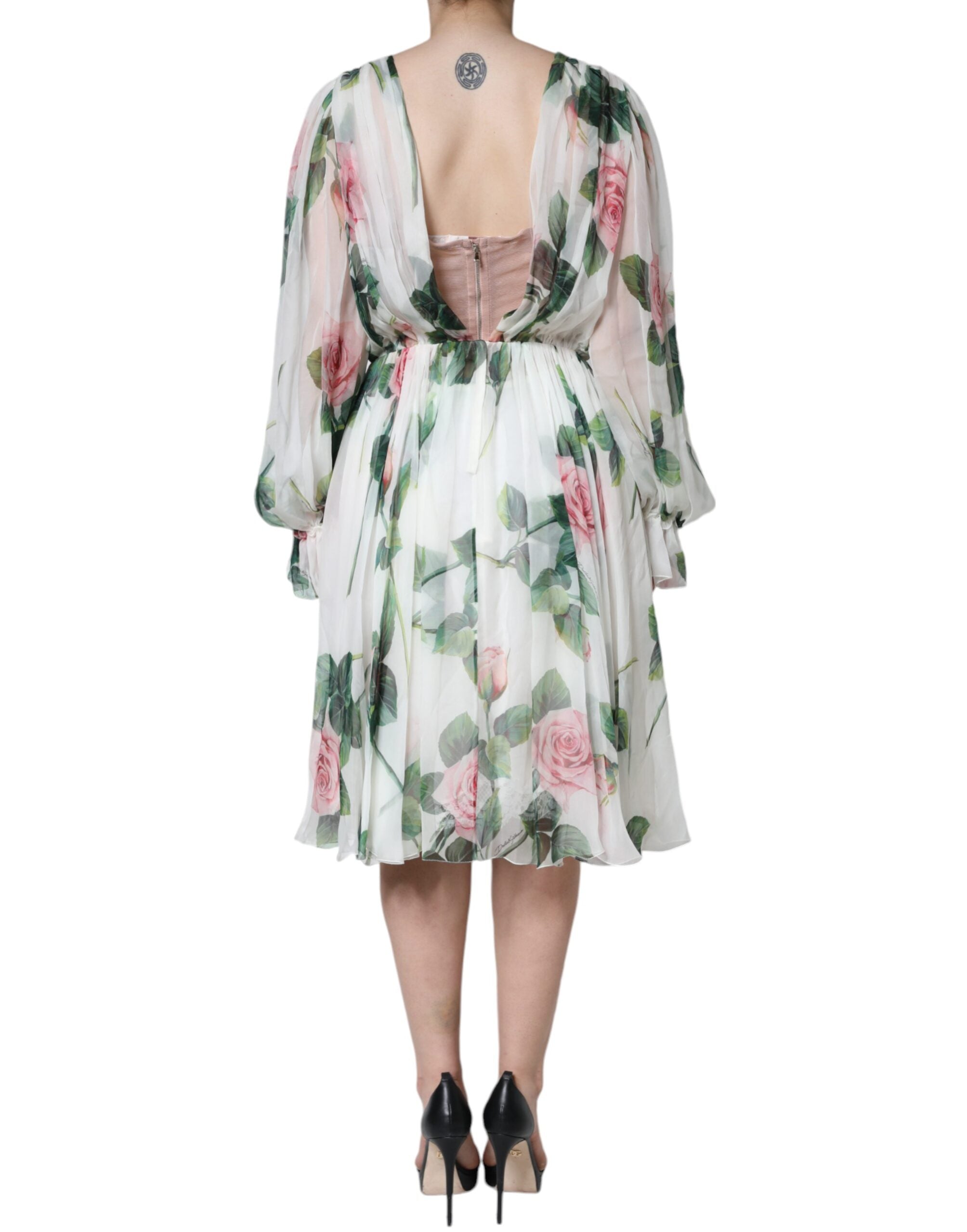 Rochie midi Dolce &amp; Gabbana albă din mătase cu imprimeu floral, cu linie A