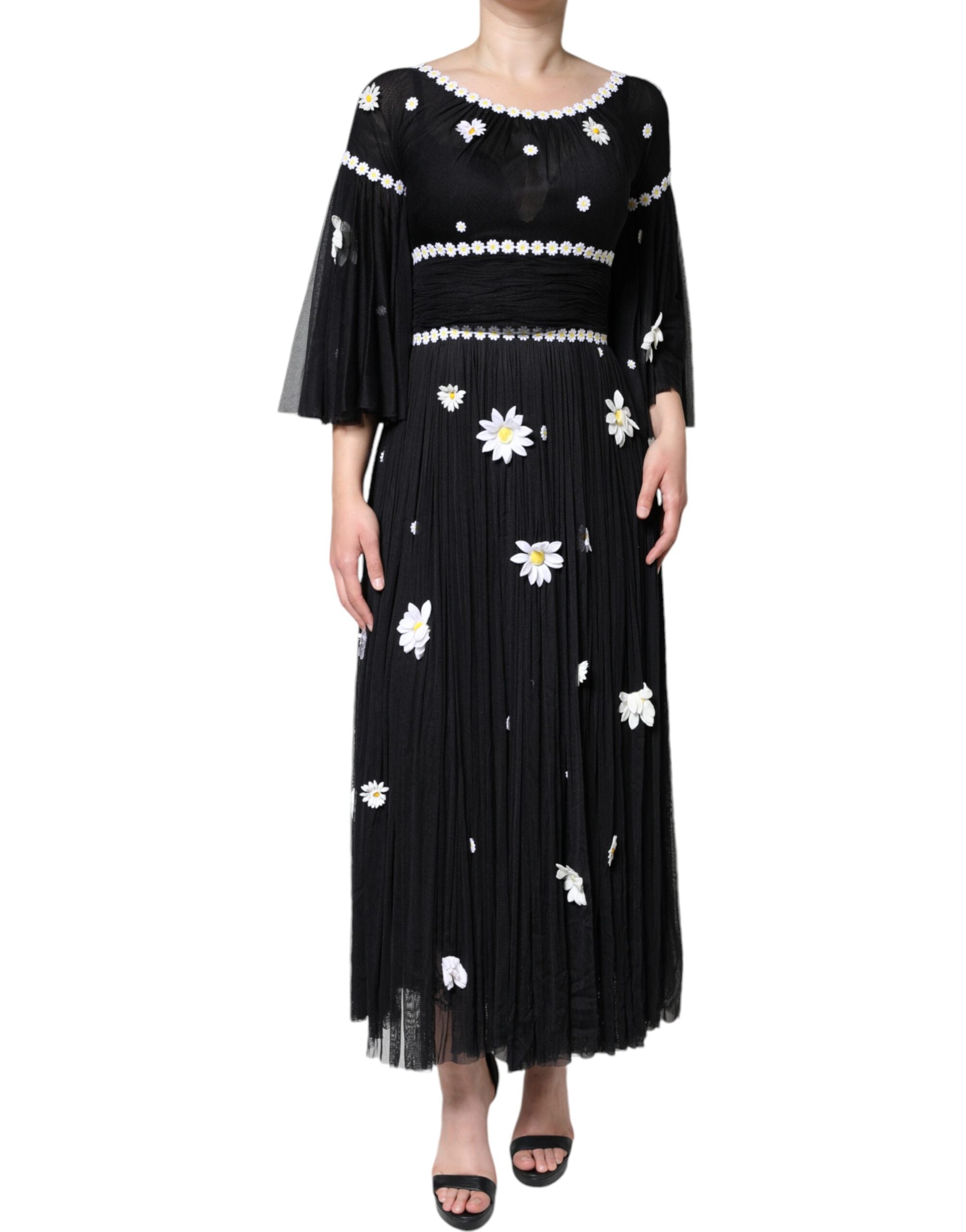 Rochie maxi lungă Dolce &amp; Gabbana din mătase neagră cu model A și margarete