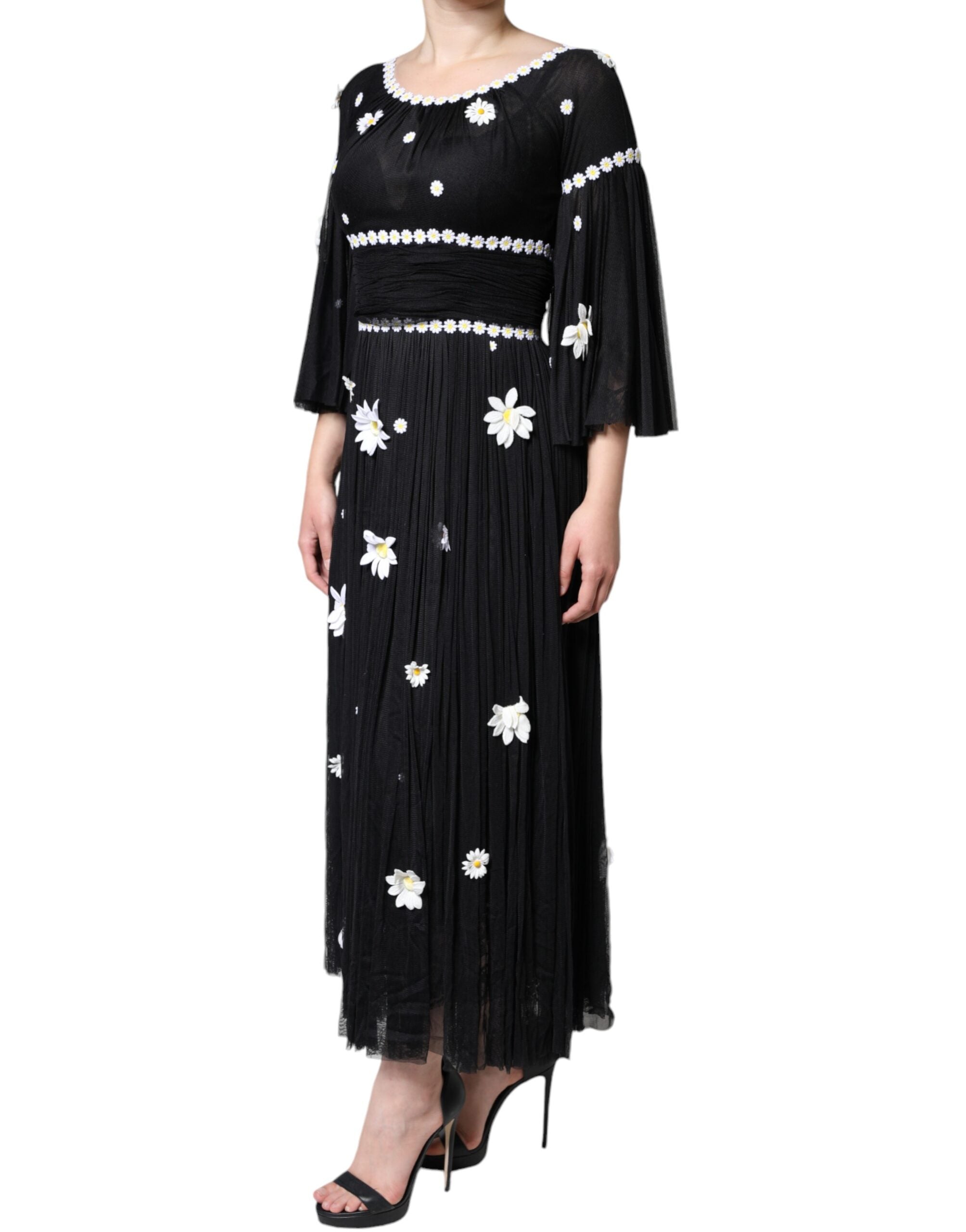 Rochie maxi lungă Dolce &amp; Gabbana din mătase neagră cu model A și margarete