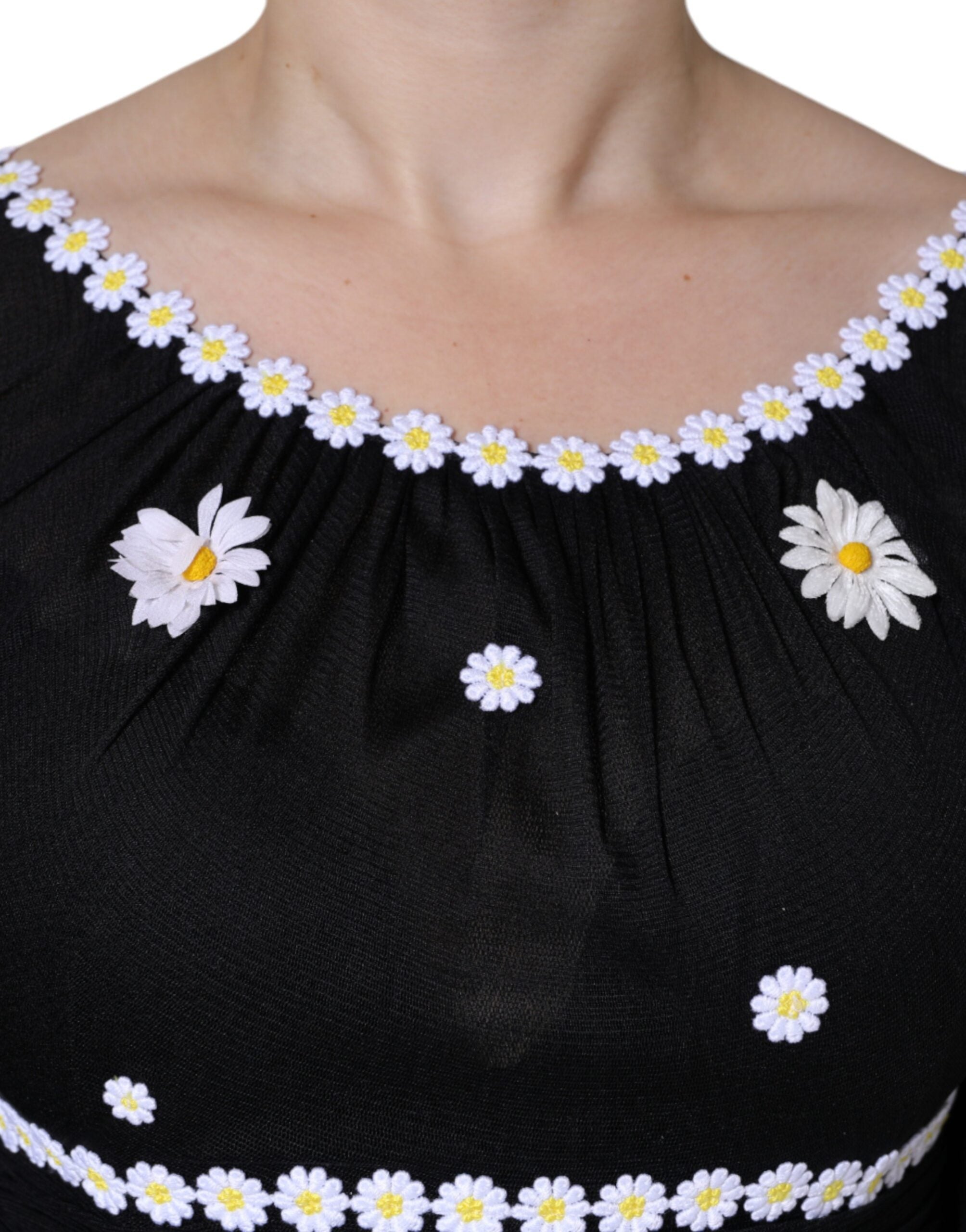 Rochie maxi lungă Dolce &amp; Gabbana din mătase neagră cu model A și margarete