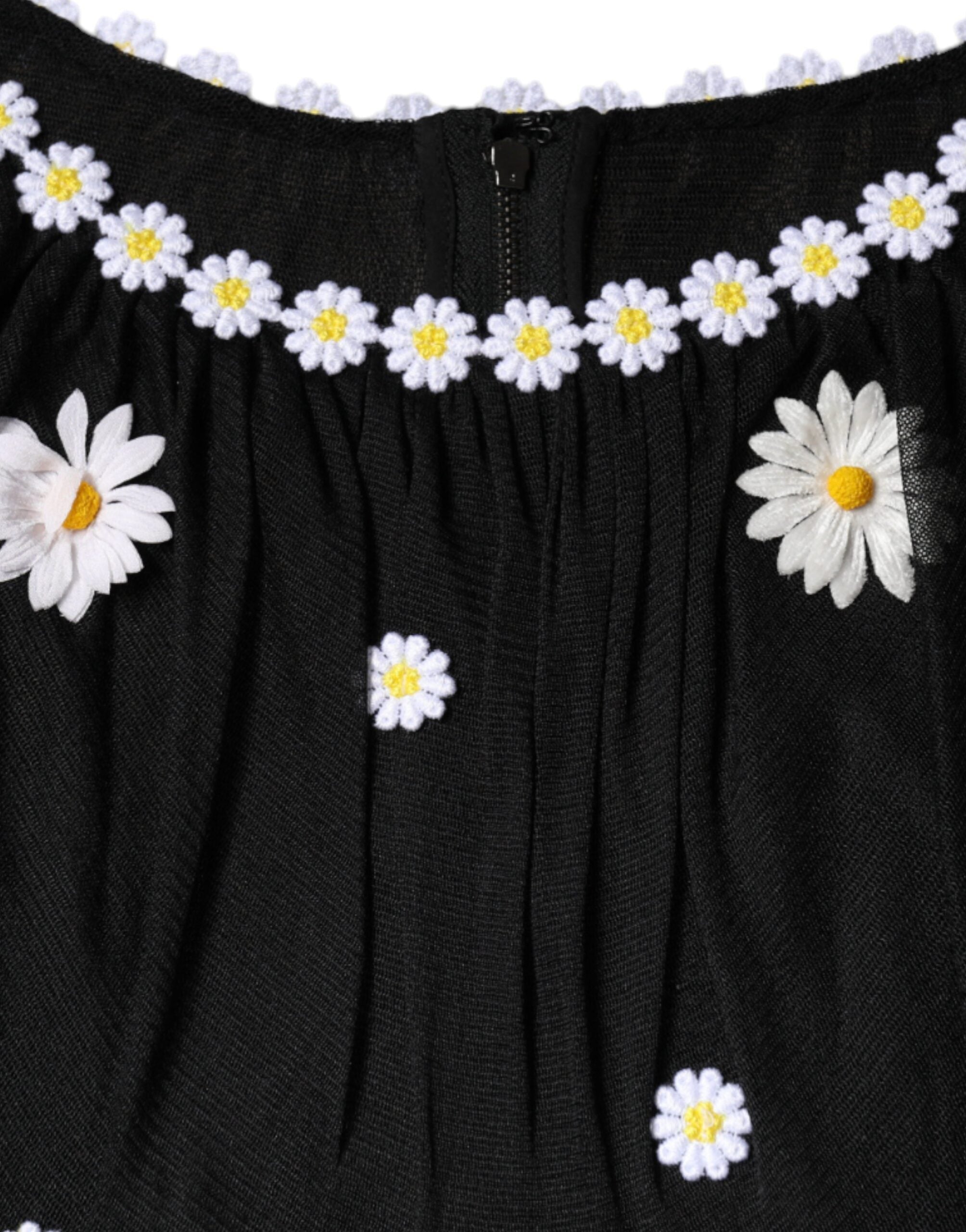 Rochie maxi lungă Dolce &amp; Gabbana din mătase neagră cu model A și margarete