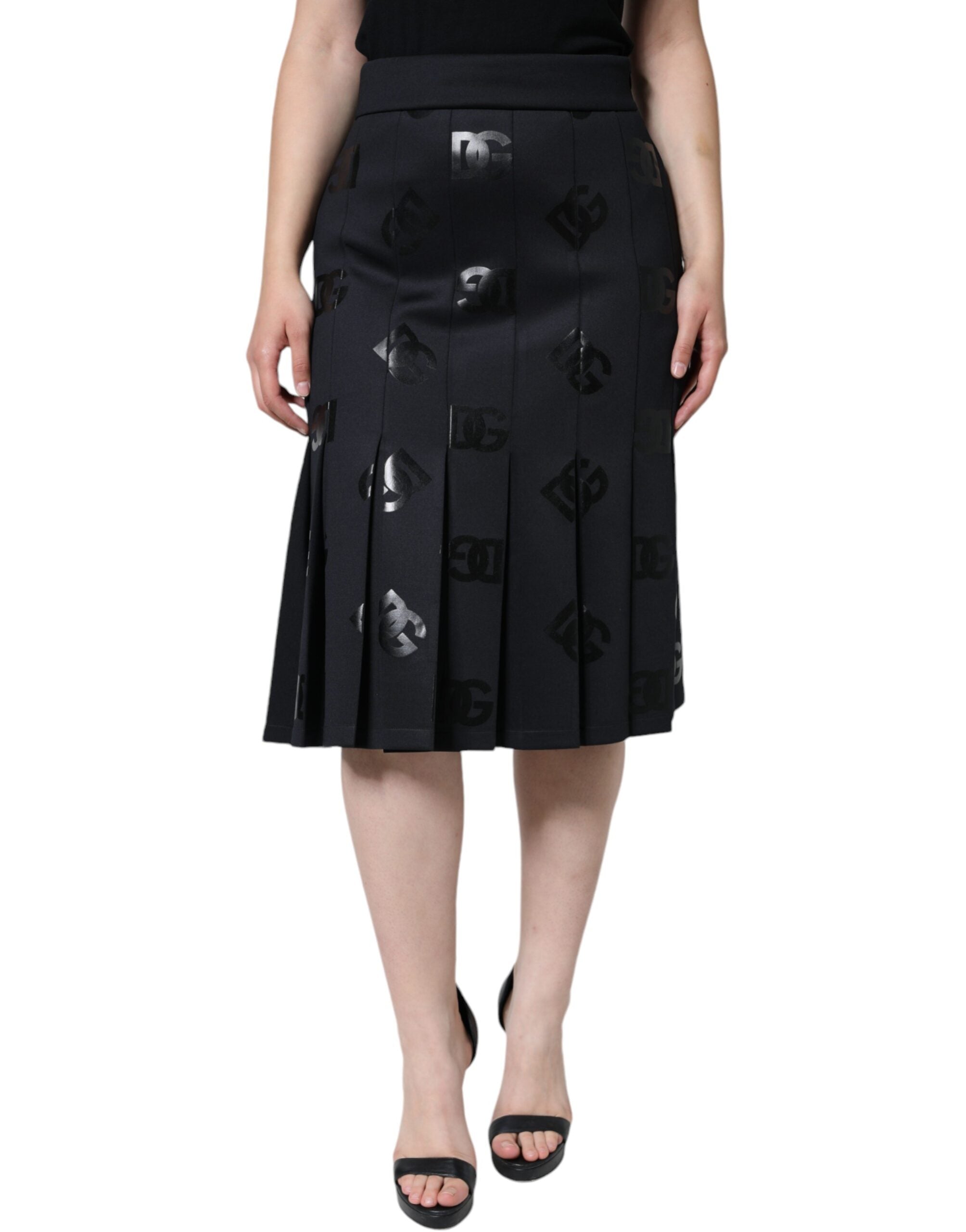 Dolce &amp; Gabbana – Schwarzer, plissierter Midirock mit DG-Monogramm