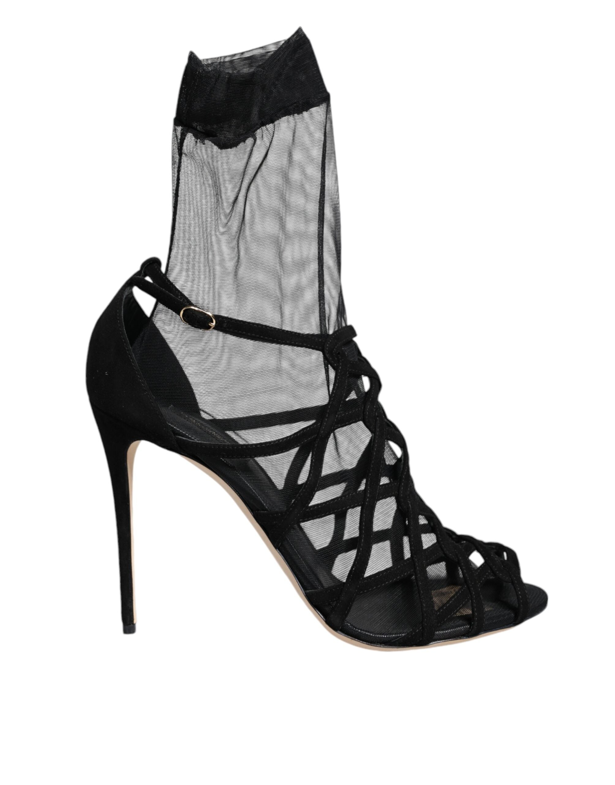 Dolce &amp; Gabbana Schwarze Tüll Stretch Heels Sandalen Schuhe