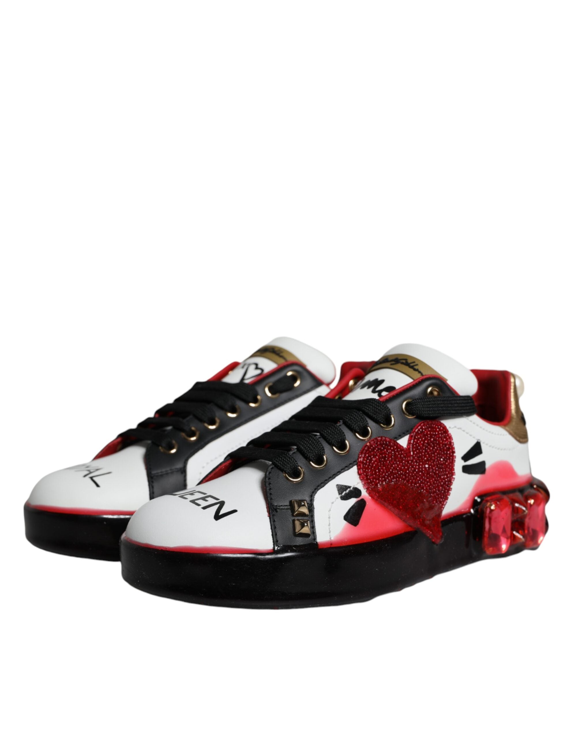 Dolce &amp; Gabbana Weiß Rot Kristalle Leder Portofino Sneakers Schuhe
