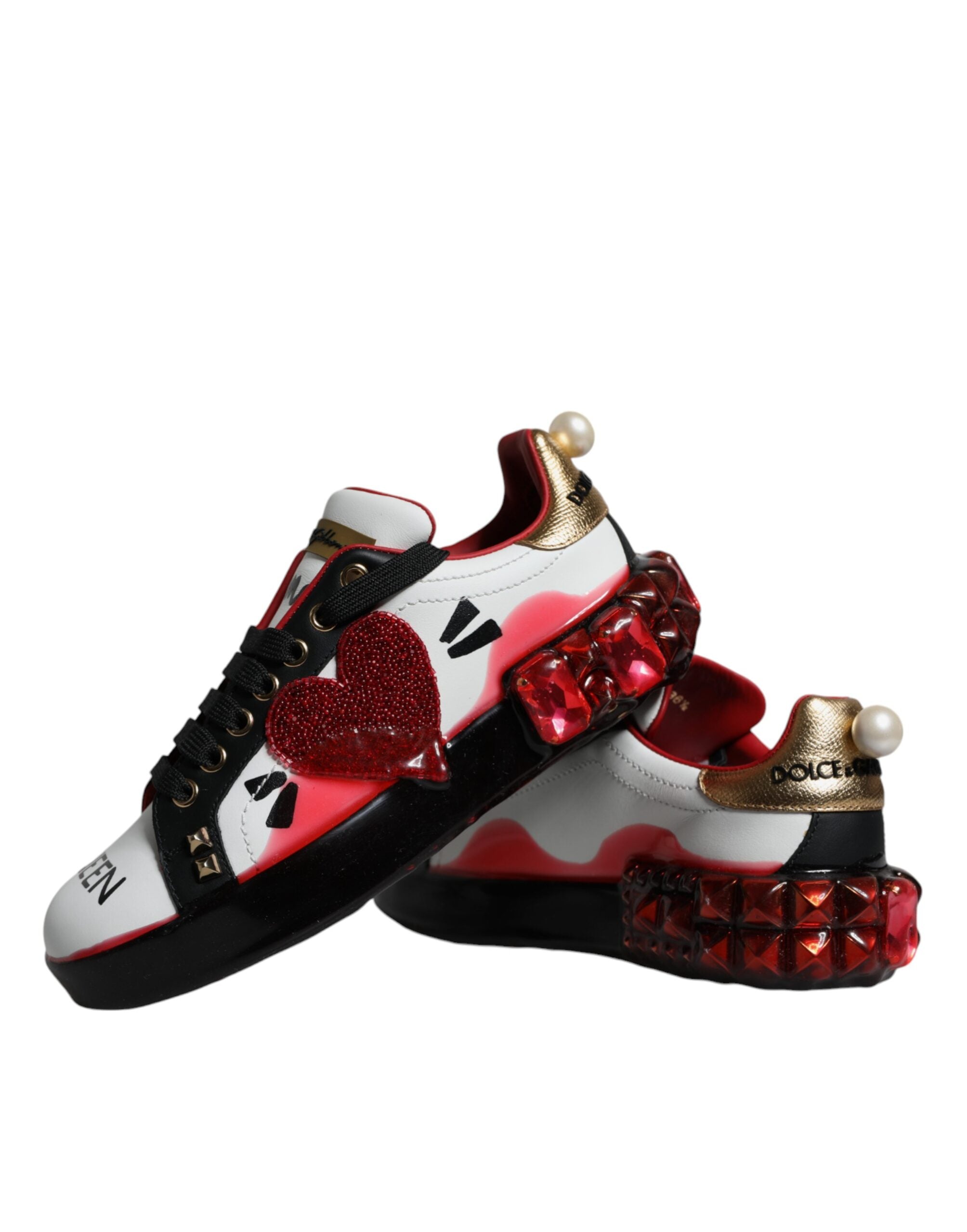 Dolce &amp; Gabbana Weiß Rot Kristalle Leder Portofino Sneakers Schuhe