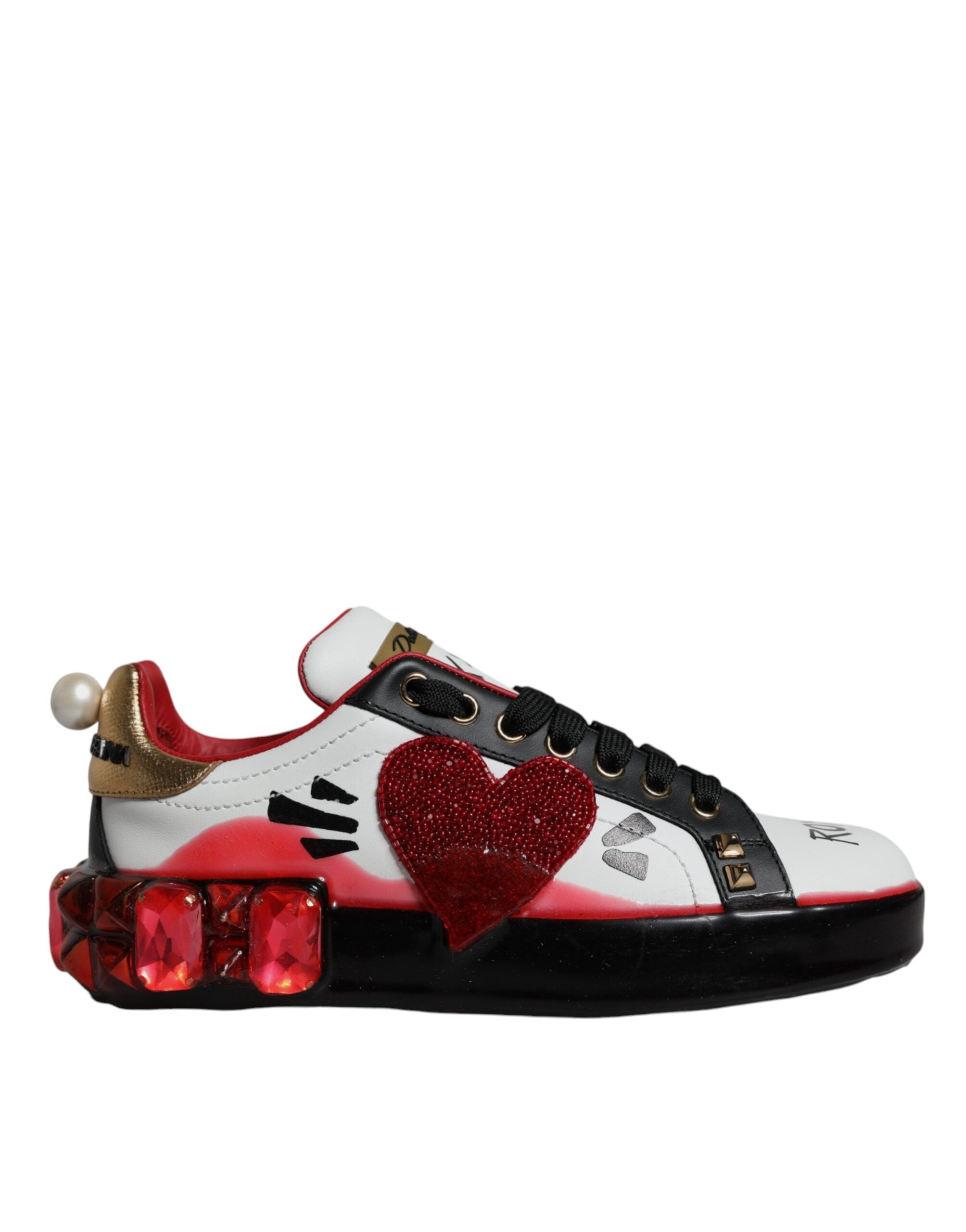 Dolce &amp; Gabbana Weiß Rot Kristalle Leder Portofino Sneakers Schuhe