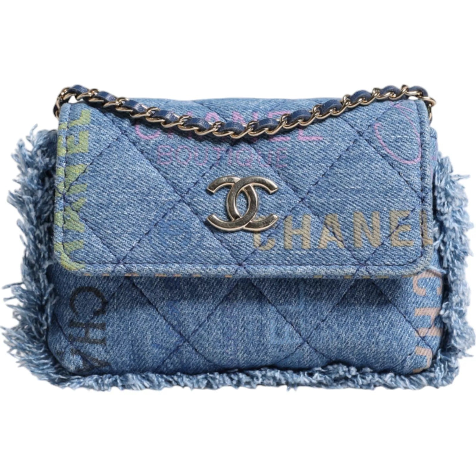 Chanel Denim Mood Flap Micro-Schultertasche mit Logo-Print und Fransen