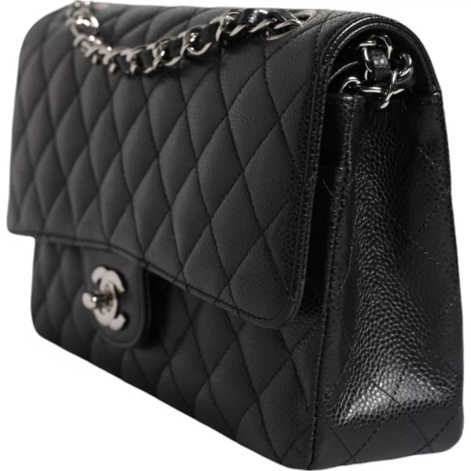Chanel Black Caviar Medium Classic Doppelklappe Schultertasche gesteppt Silber