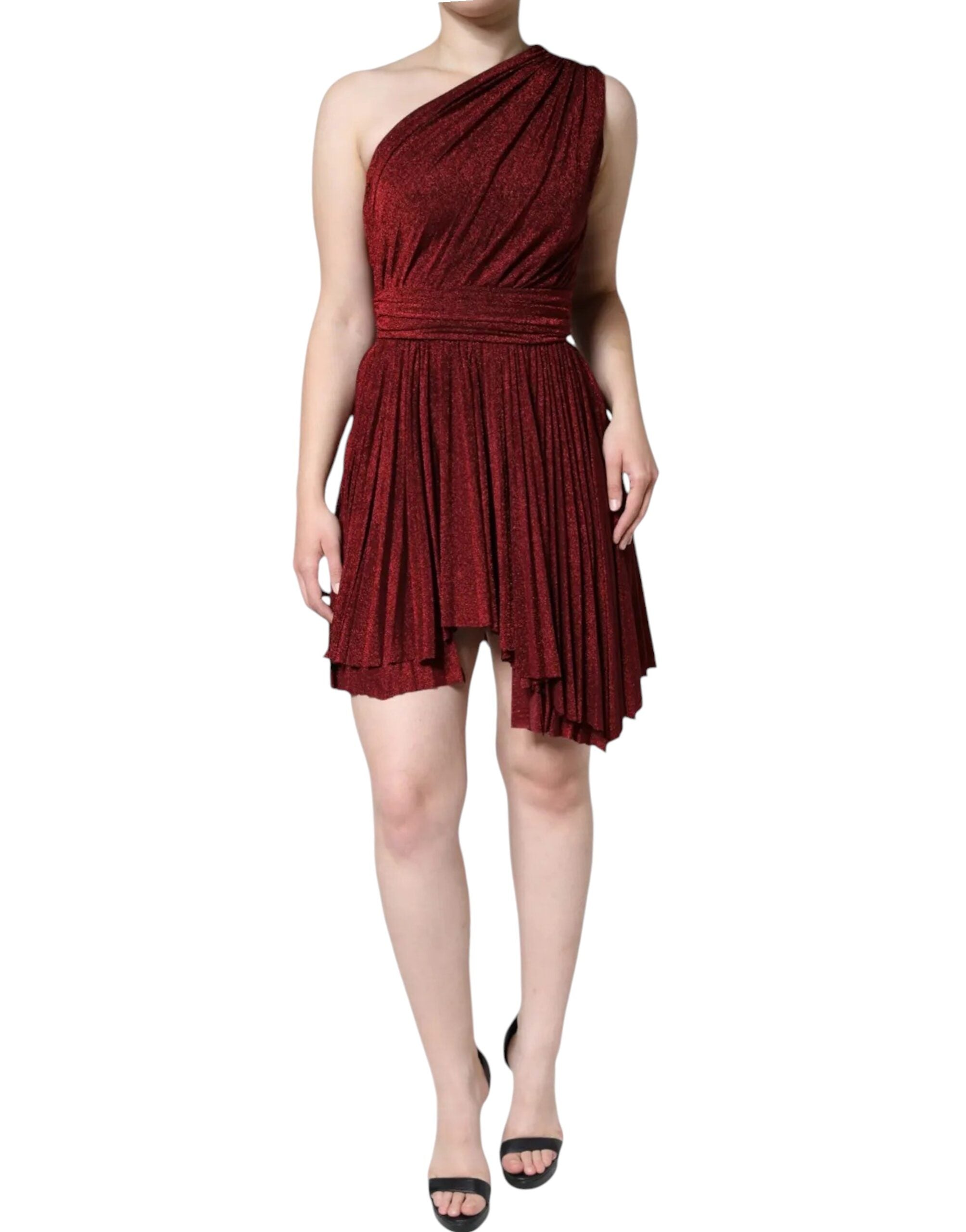 Rochie mini Dolce &amp; Gabbana roșie cu un umăr, plisată, în formă de A