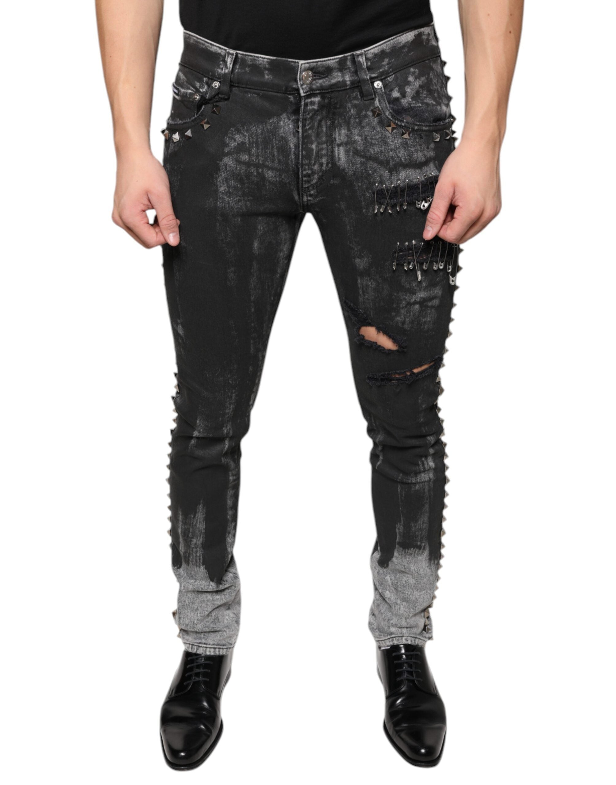 Blugi skinny din denim cu imprimeu din bumbac Dolce &amp; Gabbana negri