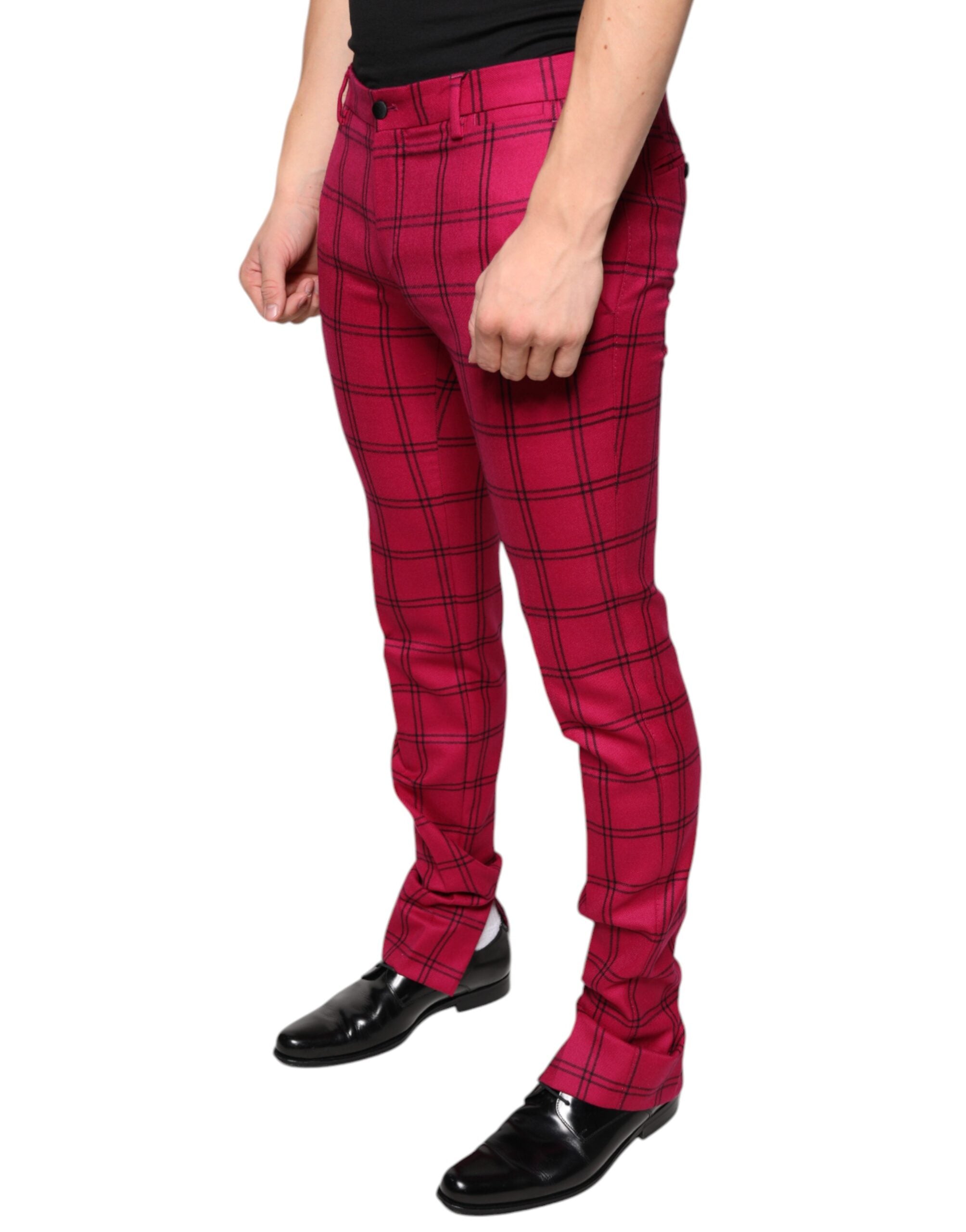 Pantaloni skinny din lână în carouri roz Dolce &amp; Gabbana
