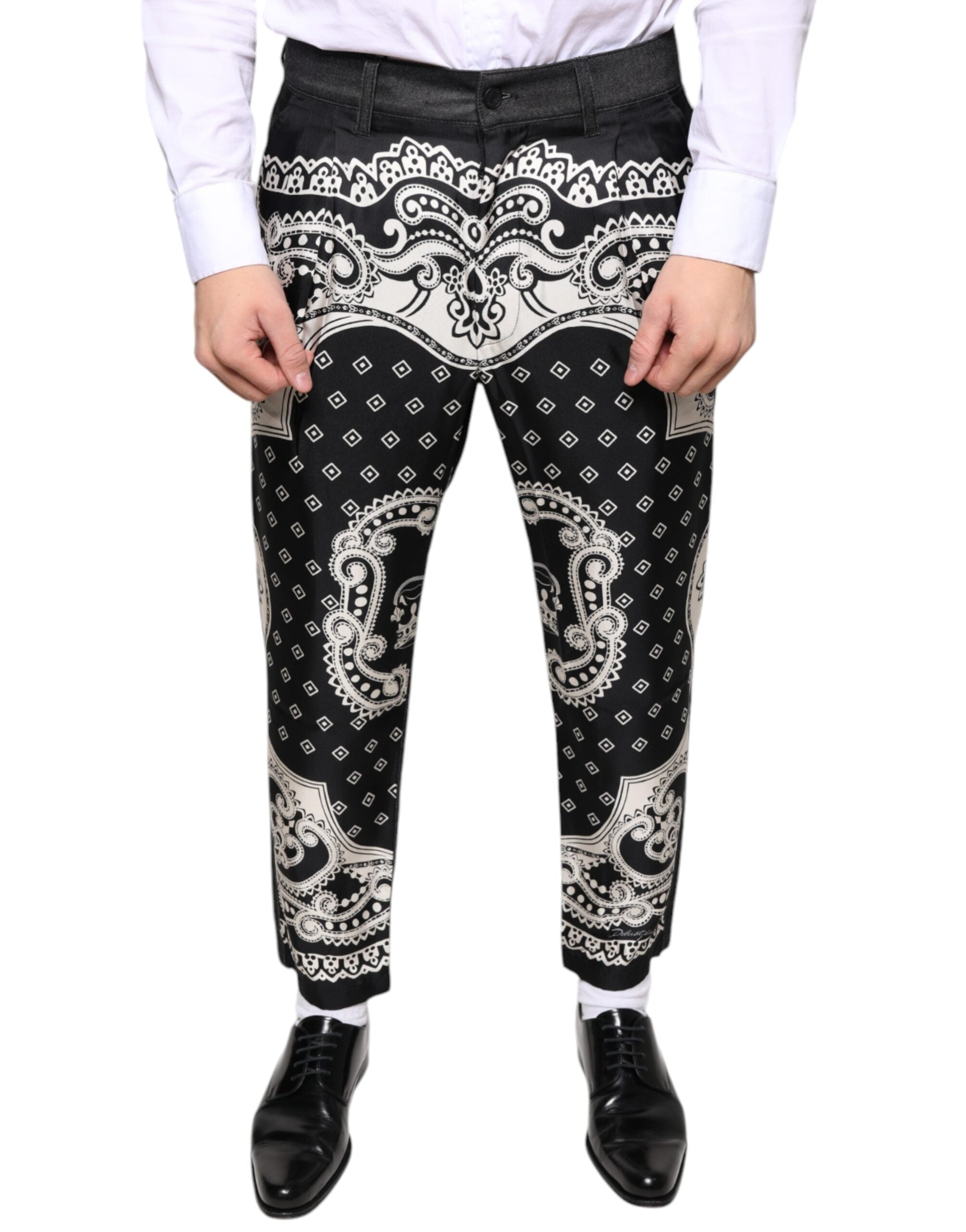 Pantaloni eleganți din mătase neagră cu imprimeu bandană Dolce &amp; Gabbana
