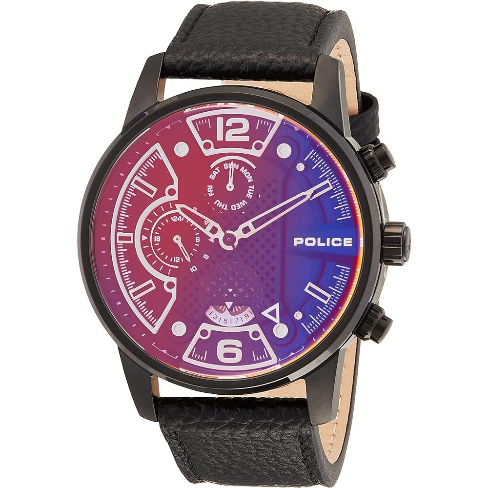 Schwarze Lederarmbanduhr von Police