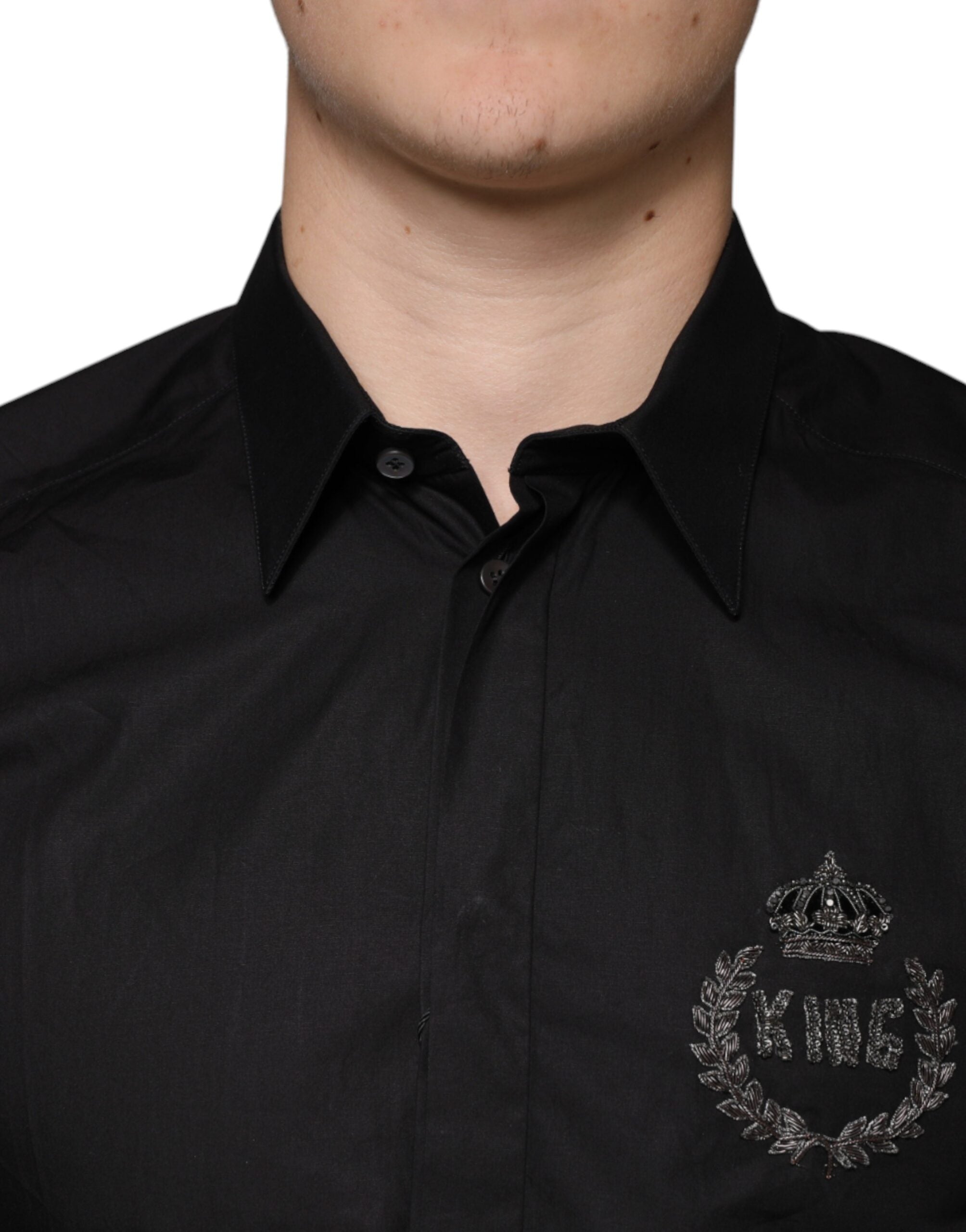 Dolce &amp; Gabbana – Schwarzes, GOLDENES Hemd mit Königskronenstickerei