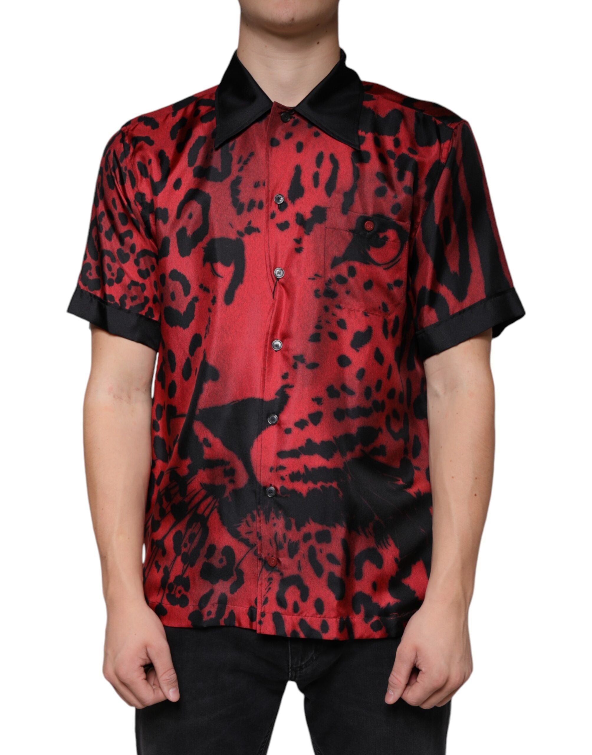 Dolce &amp; Gabbana Rotes Button-Down-Freizeithemd aus Seide mit Leopardenmuster