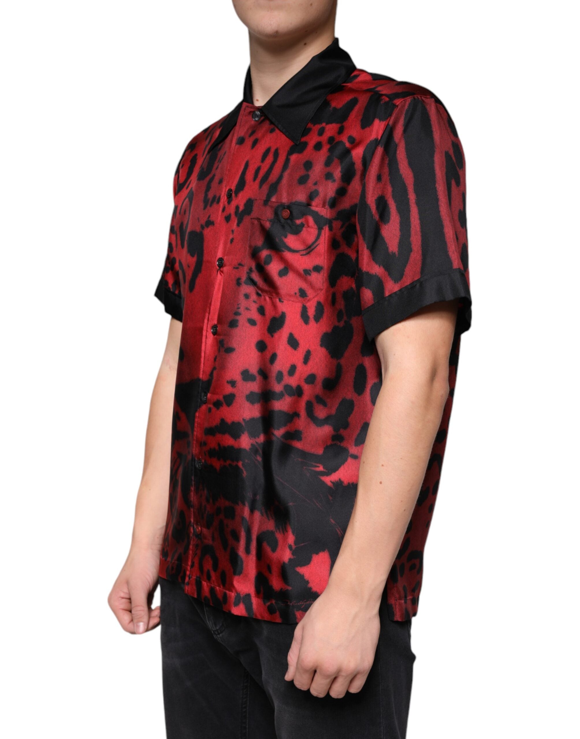 Dolce &amp; Gabbana Rotes Button-Down-Freizeithemd aus Seide mit Leopardenmuster