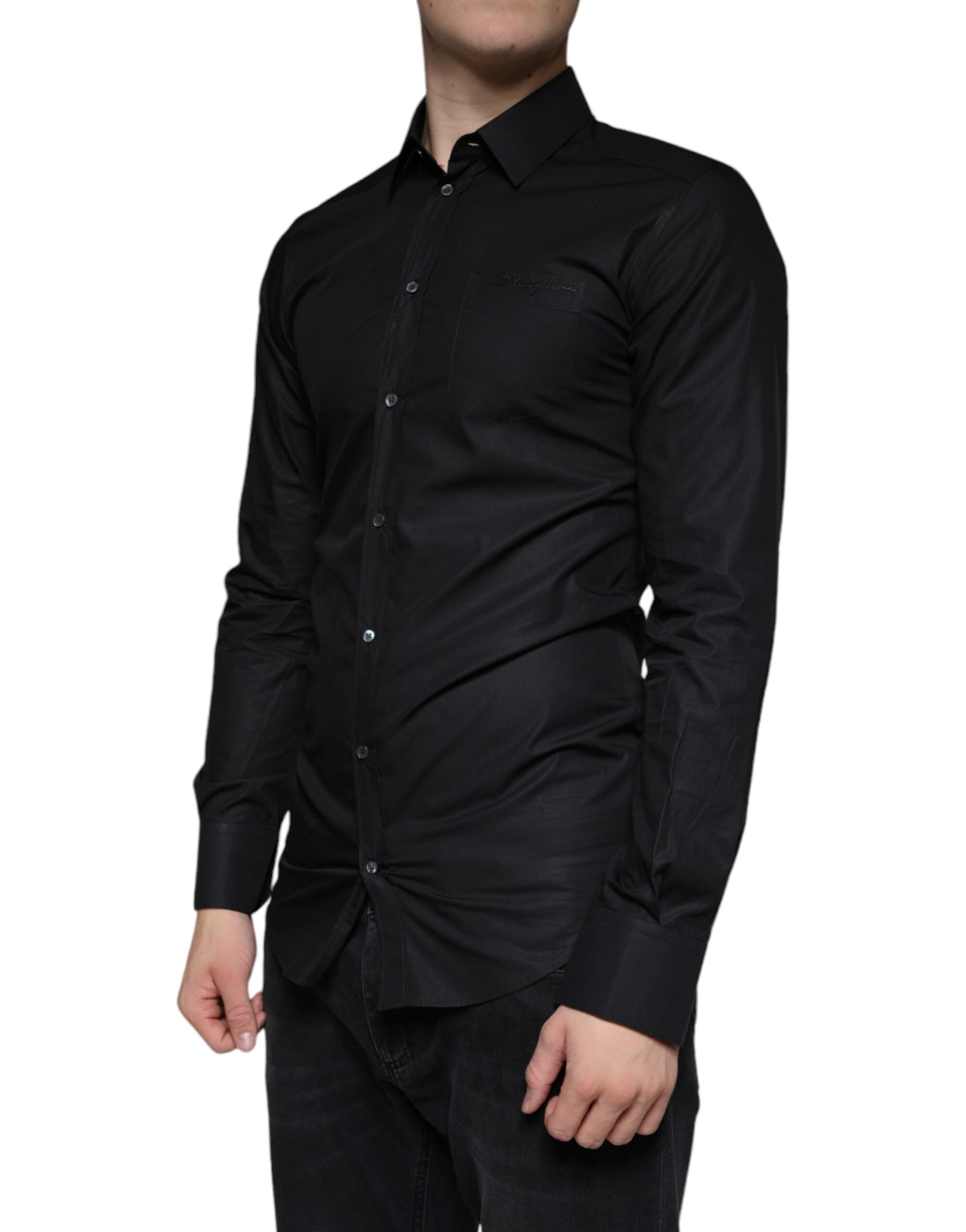 Dolce &amp; Gabbana Schwarzes Baumwoll-Stretch-Kleid GOLD Formelles Hemd