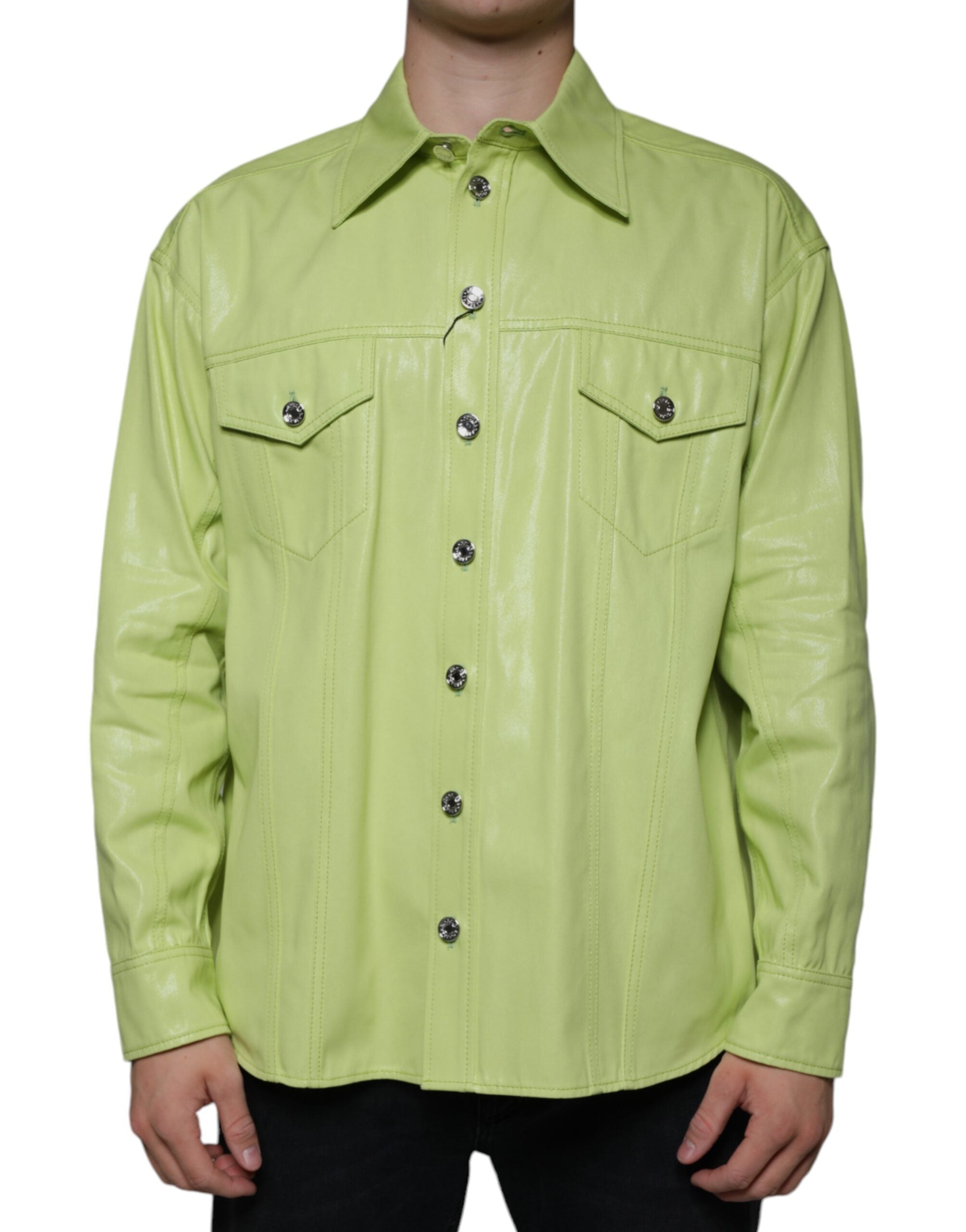 Dolce &amp; Gabbana Grünes Herren-Button-Down-Hemd aus Baumwolle mit Kragen