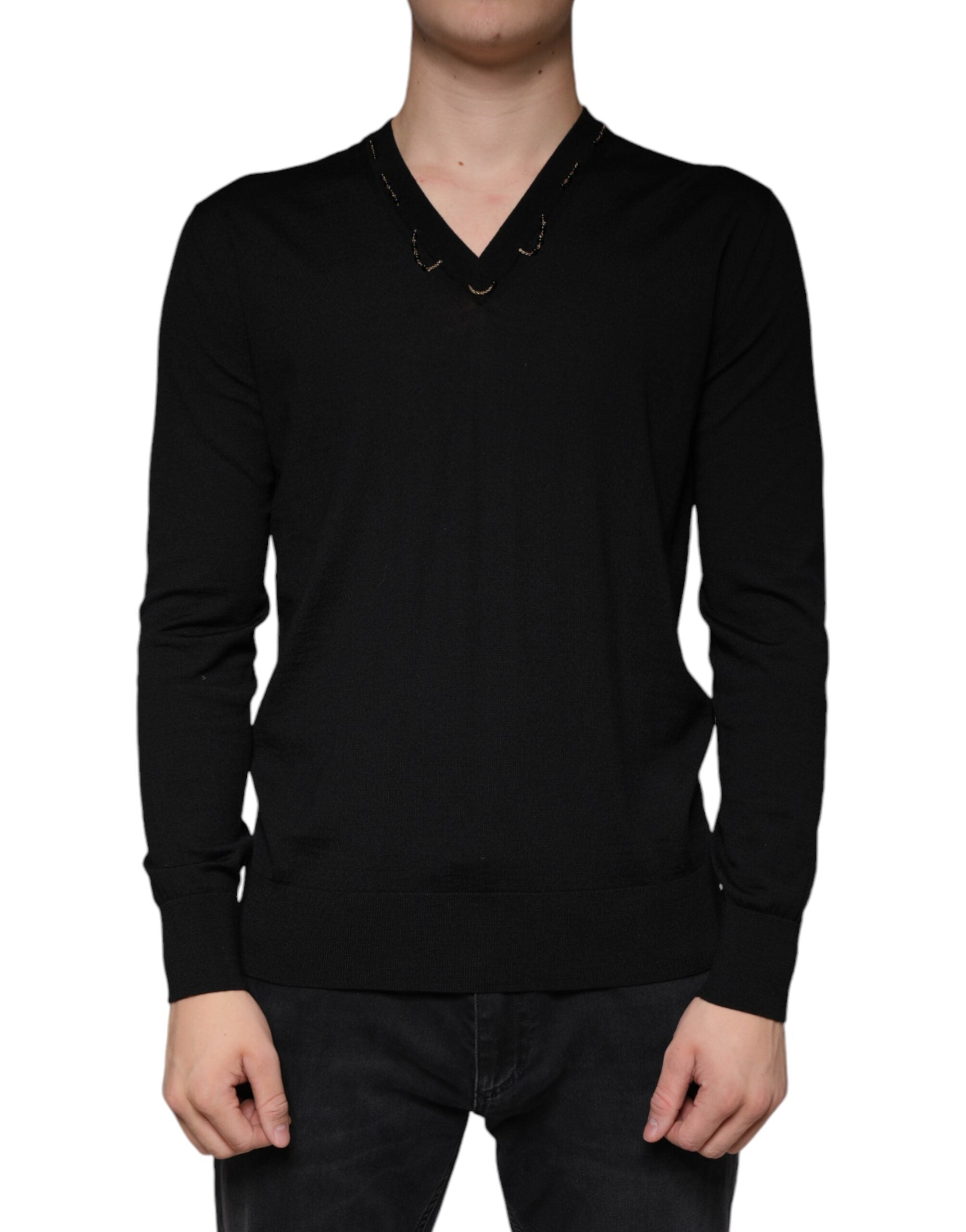 Pulover Dolce &amp; Gabbana negru cu decolteu în V și ornament