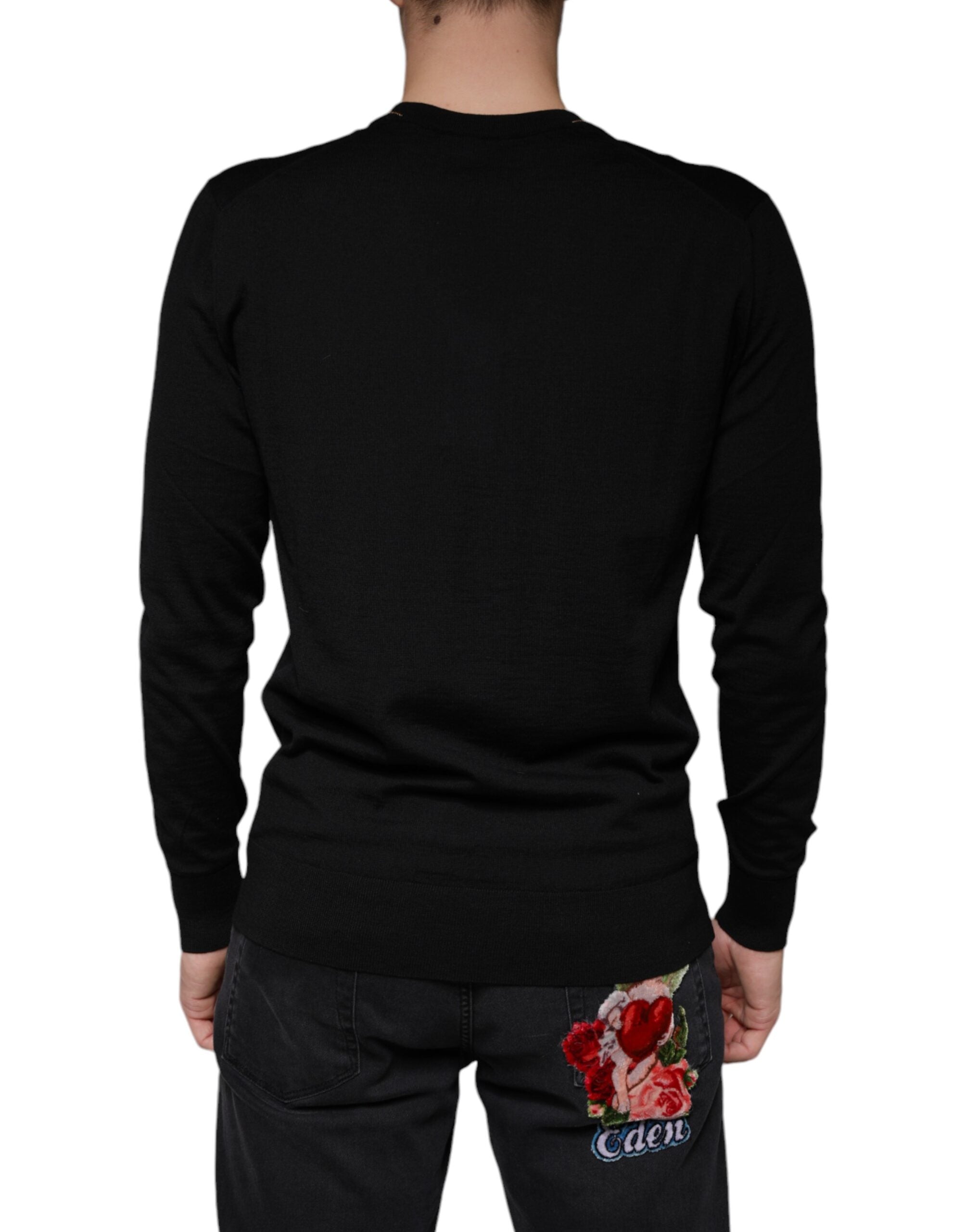 Pulover Dolce &amp; Gabbana negru cu decolteu în V și ornament