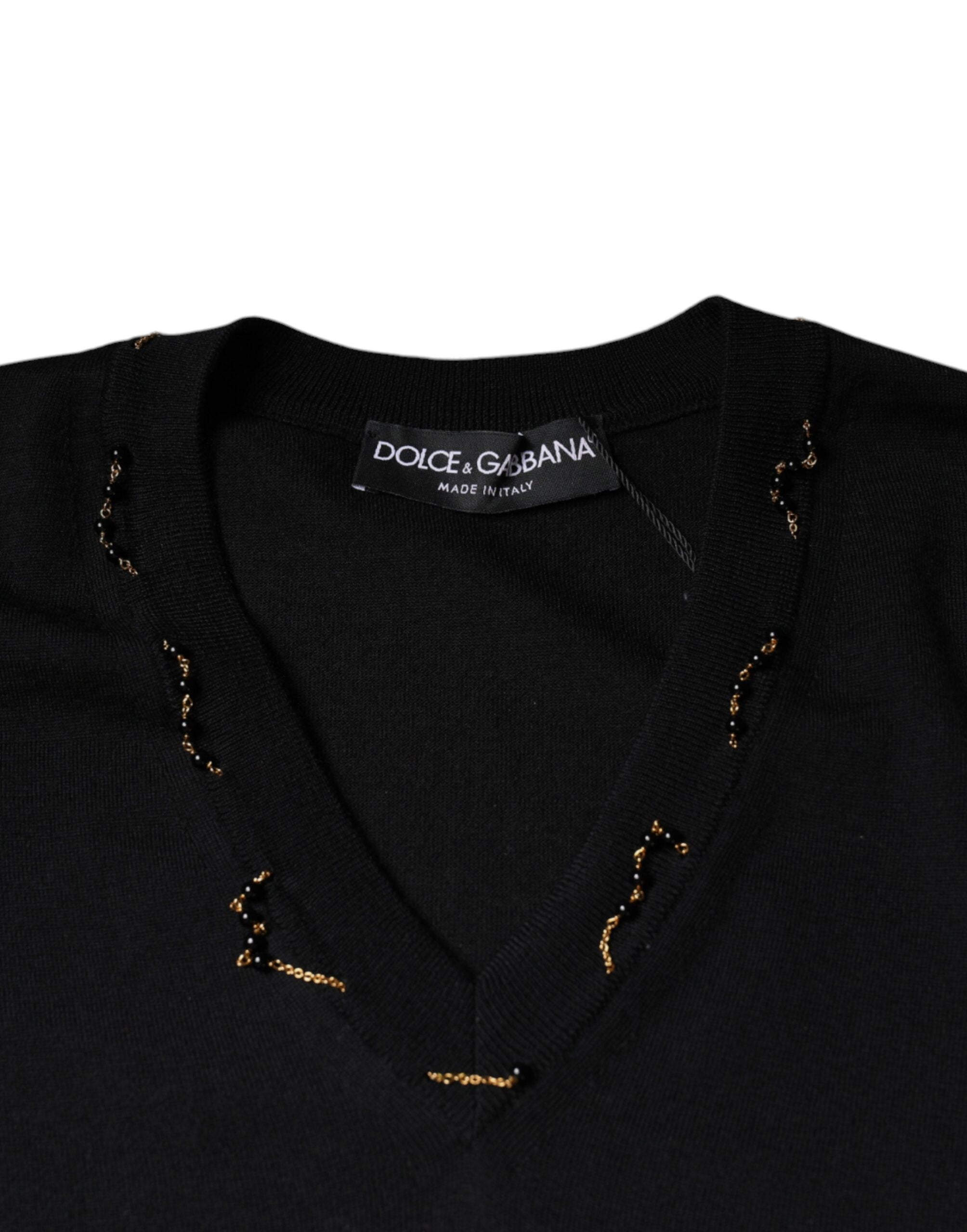 Pulover Dolce &amp; Gabbana negru cu decolteu în V și ornament