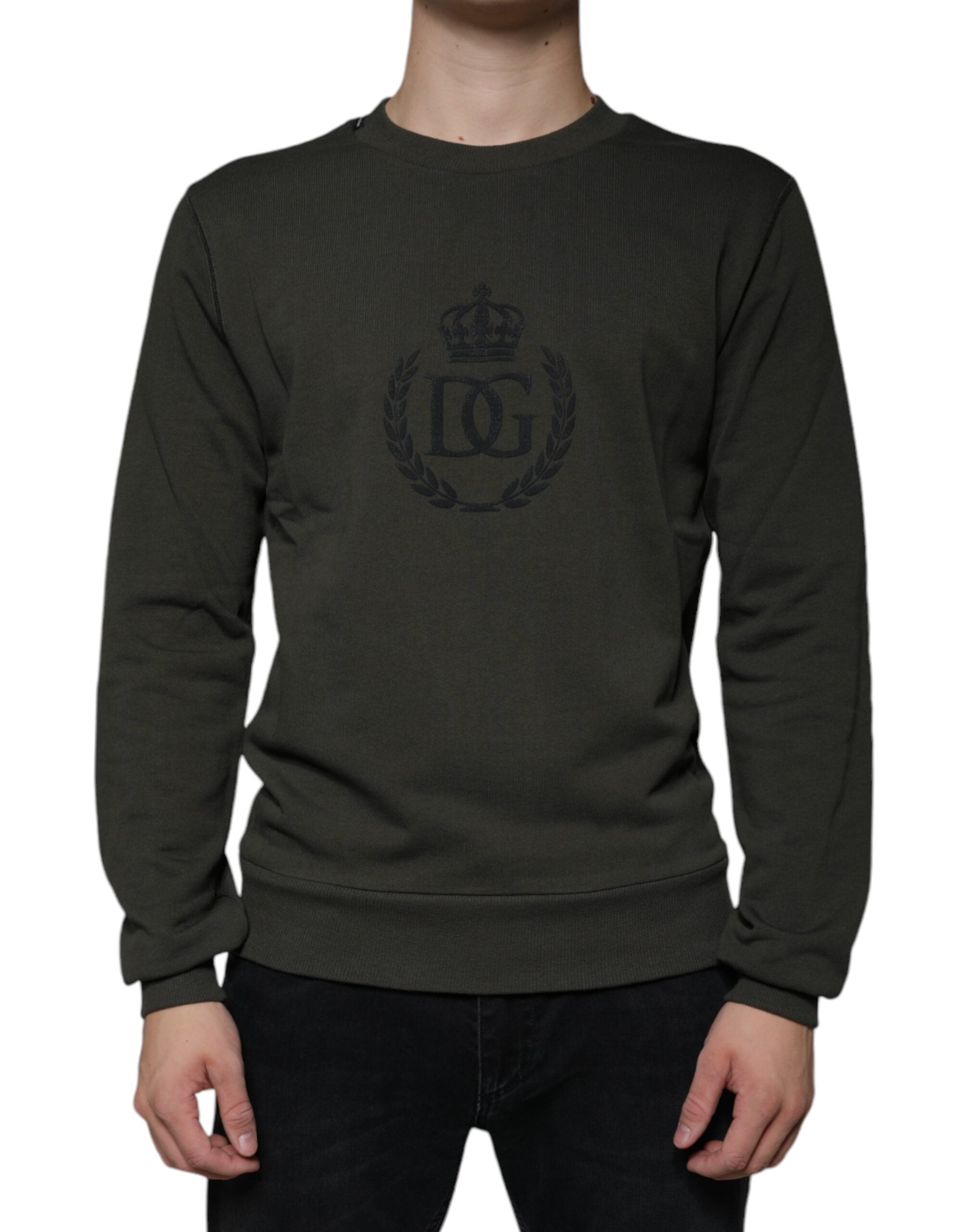Pulover Dolce &amp; Gabbana verde militar cu imprimeu DG Crown și guler rotund