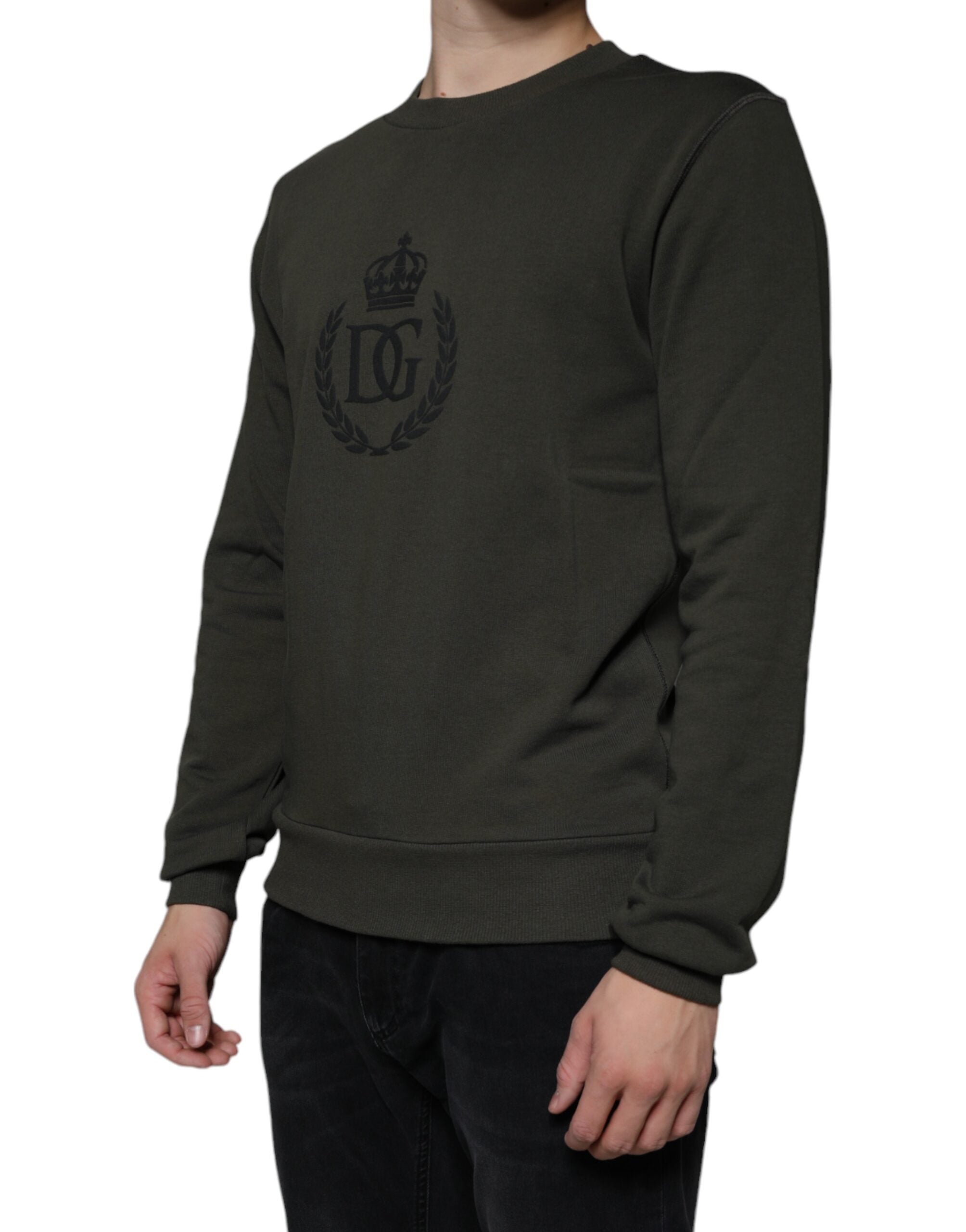 Pulover Dolce &amp; Gabbana verde militar cu imprimeu DG Crown și guler rotund