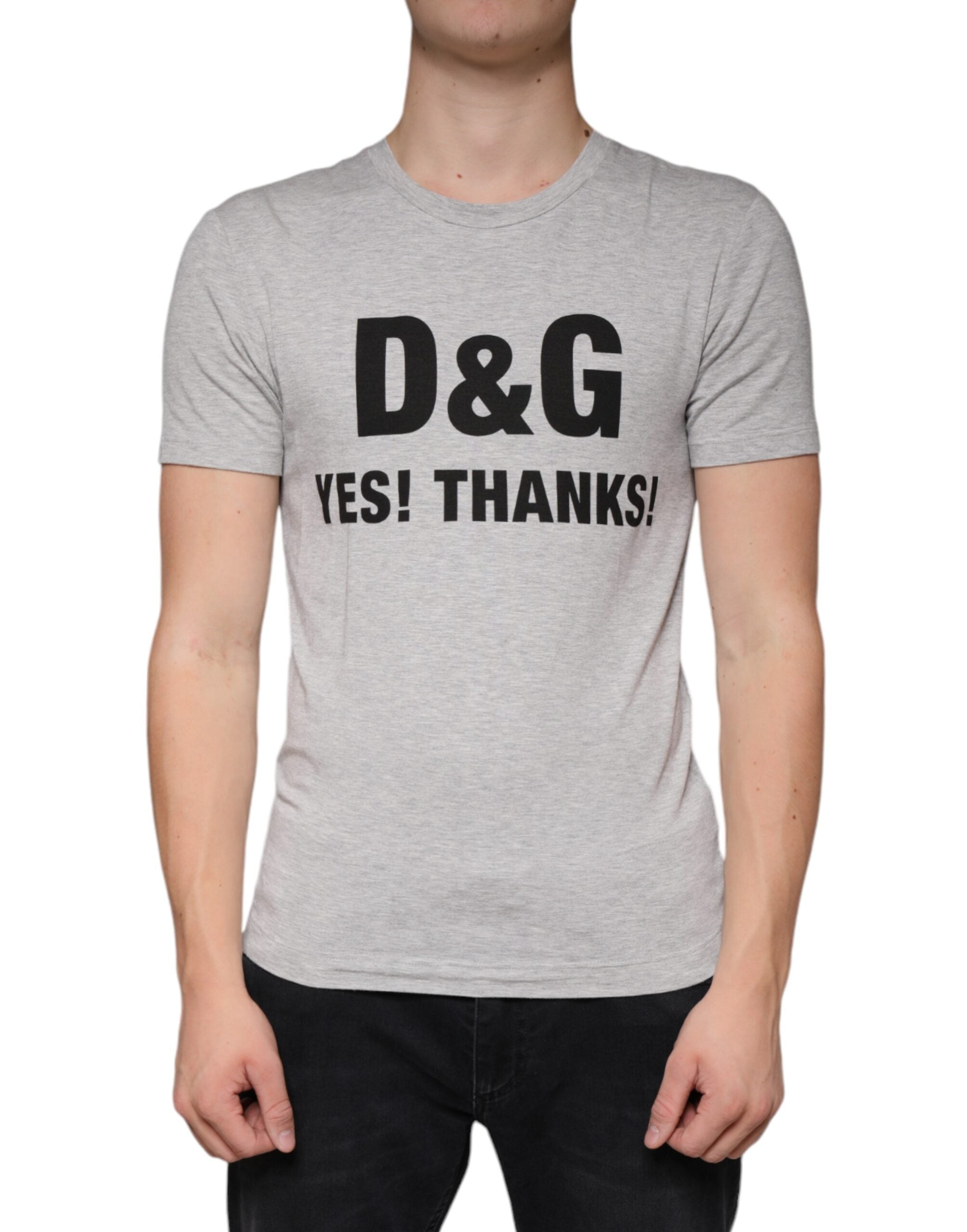 Tricou Dolce &amp; Gabbana gri cu logo și guler rotund și mânecă scurtă