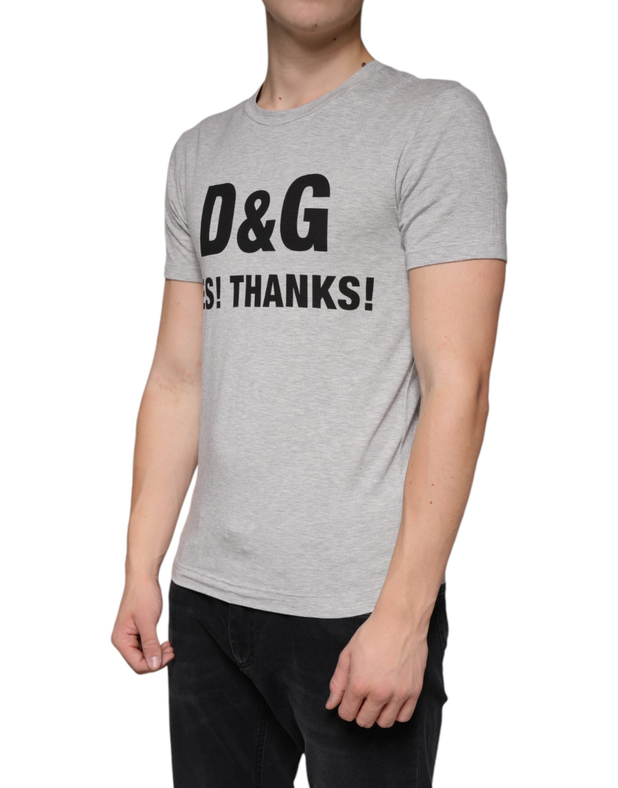 Tricou Dolce &amp; Gabbana gri cu logo și guler rotund și mânecă scurtă