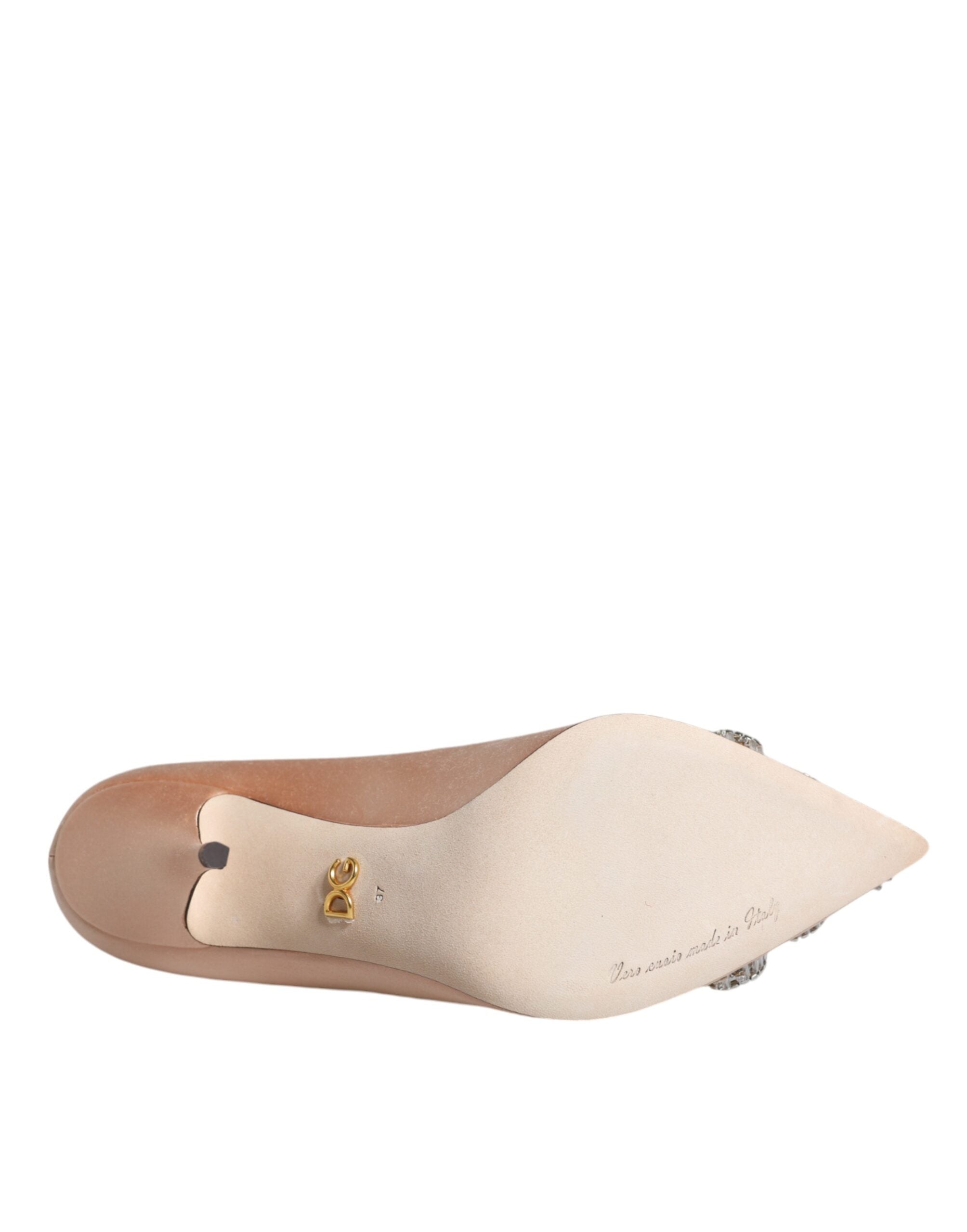 Pantofi cu toc înalt și cristale din satin bej Dolce &amp; Gabbana
