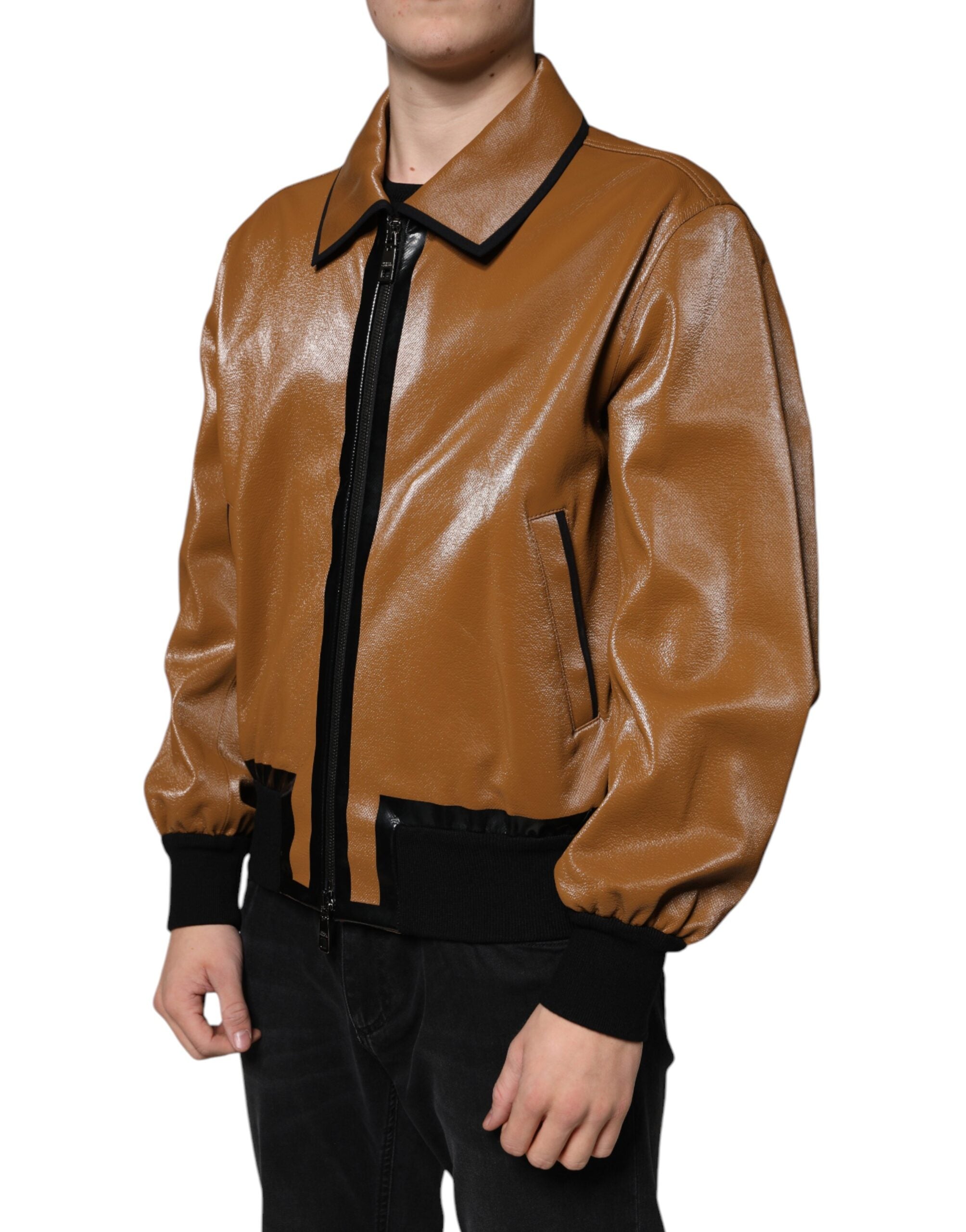 Dolce &amp; Gabbana Jachetă bomber din piele maro cu fermoar complet pentru bărbați