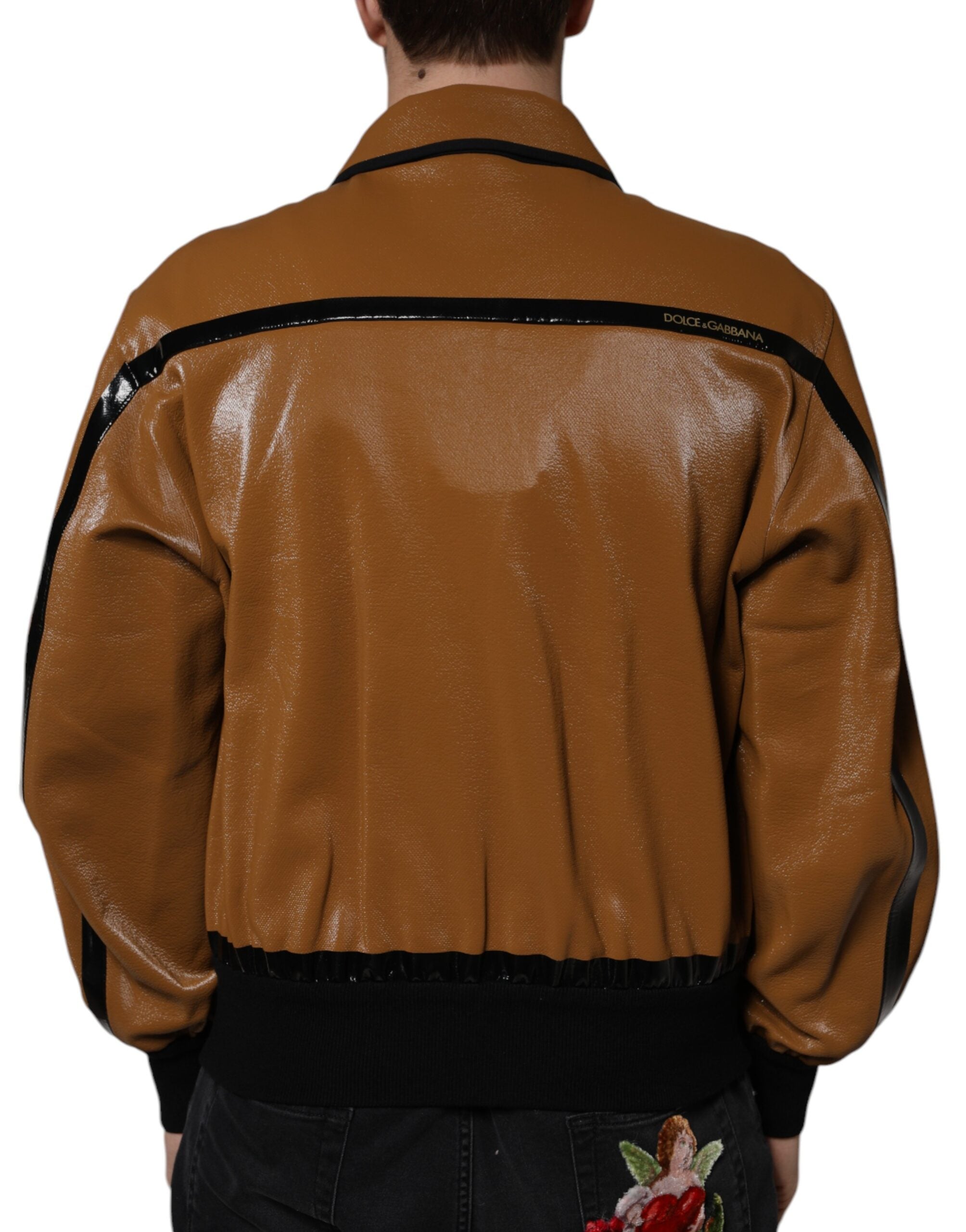 Dolce &amp; Gabbana Jachetă bomber din piele maro cu fermoar complet pentru bărbați