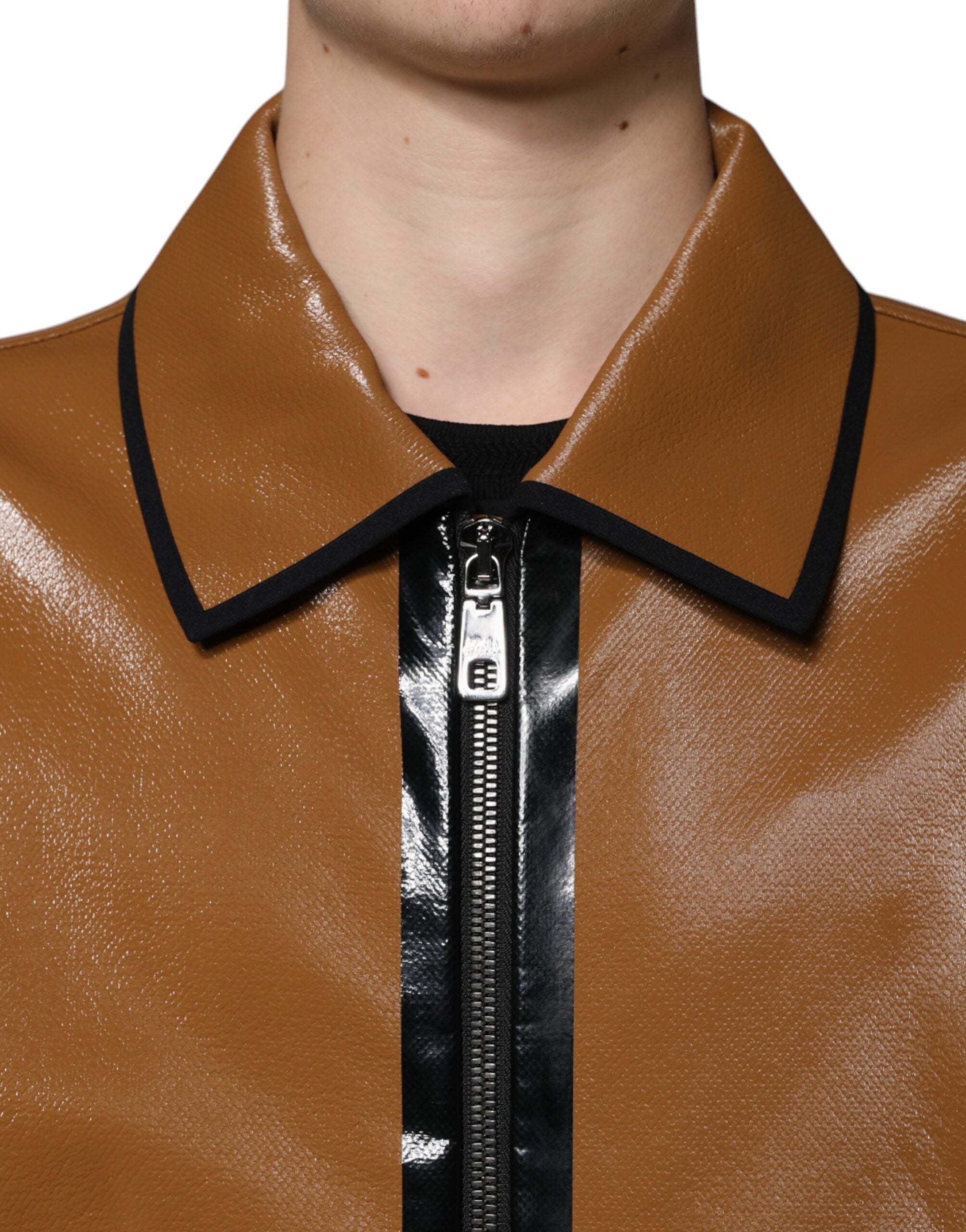 Dolce &amp; Gabbana Jachetă bomber din piele maro cu fermoar complet pentru bărbați
