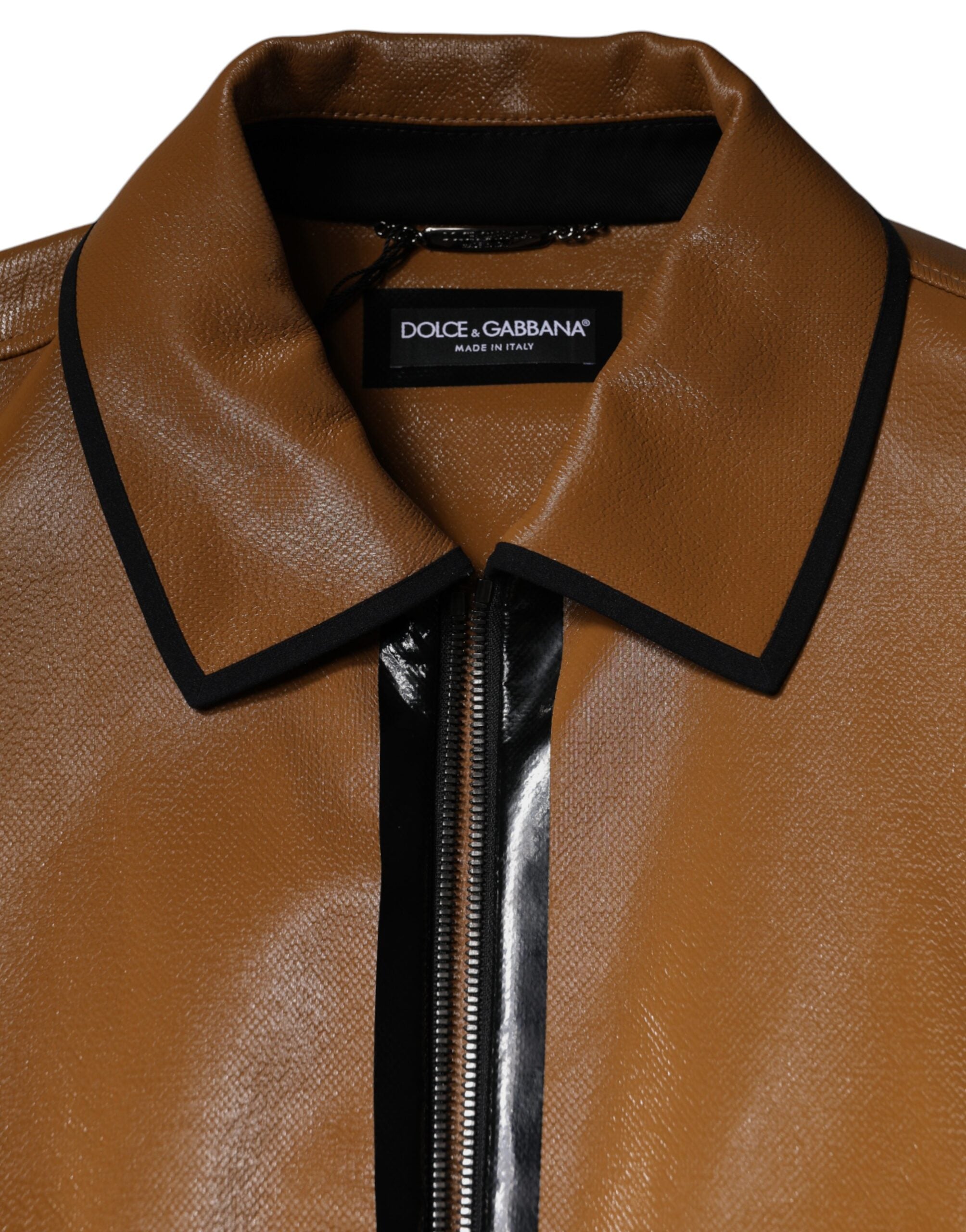 Dolce &amp; Gabbana Jachetă bomber din piele maro cu fermoar complet pentru bărbați