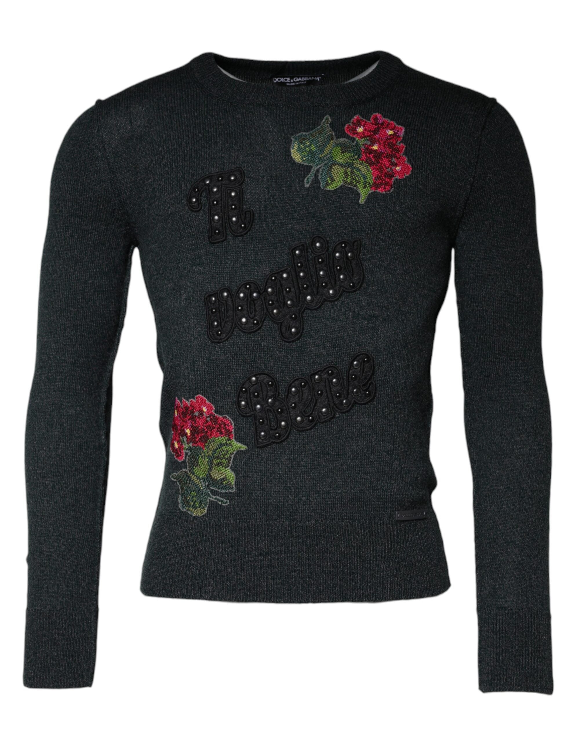 Pulover Dolce &amp; Gabbana gri cu guler rotund și ornament