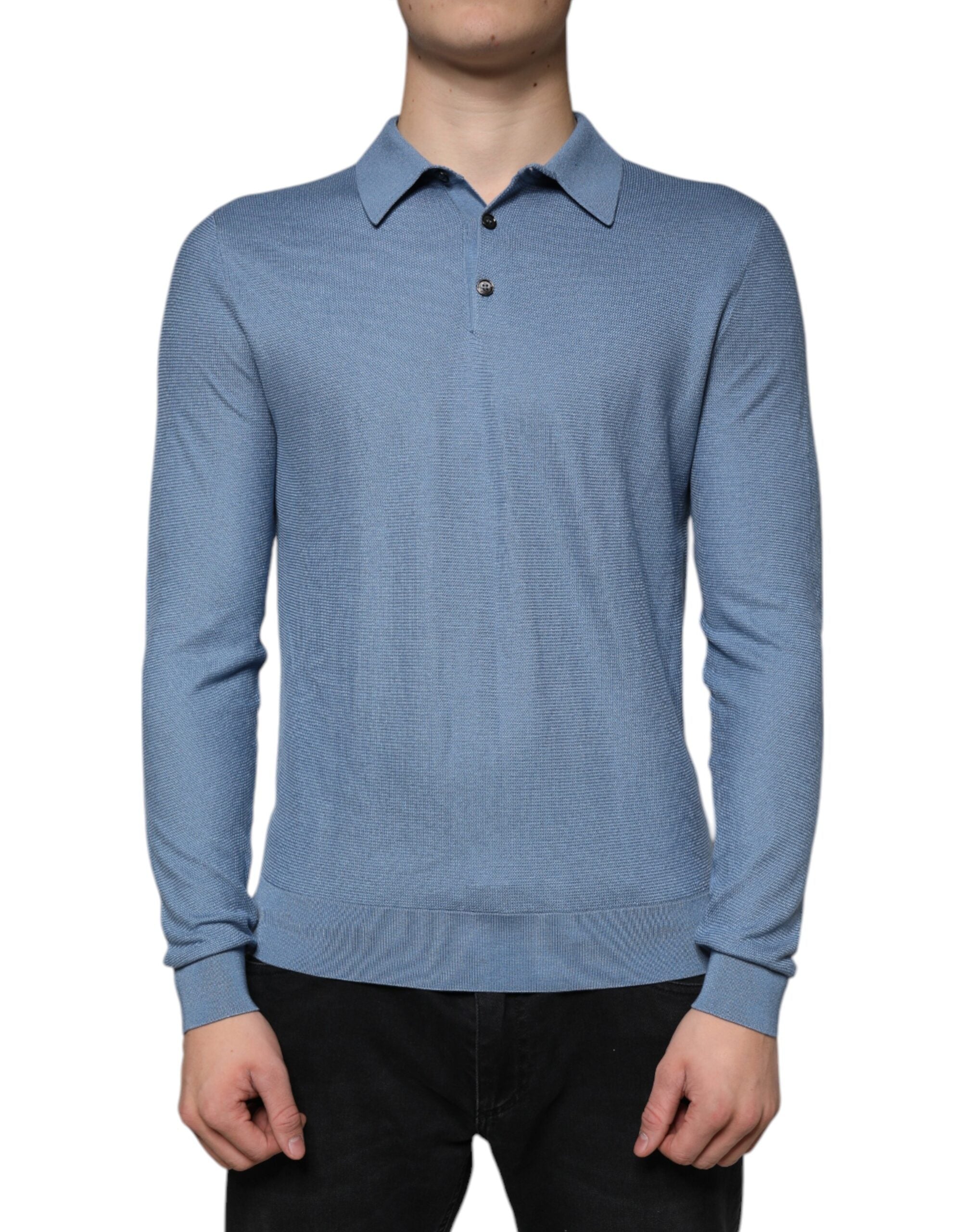 Pulover Dolce &amp; Gabbana Blue Sky din mătase cu guler pentru bărbați