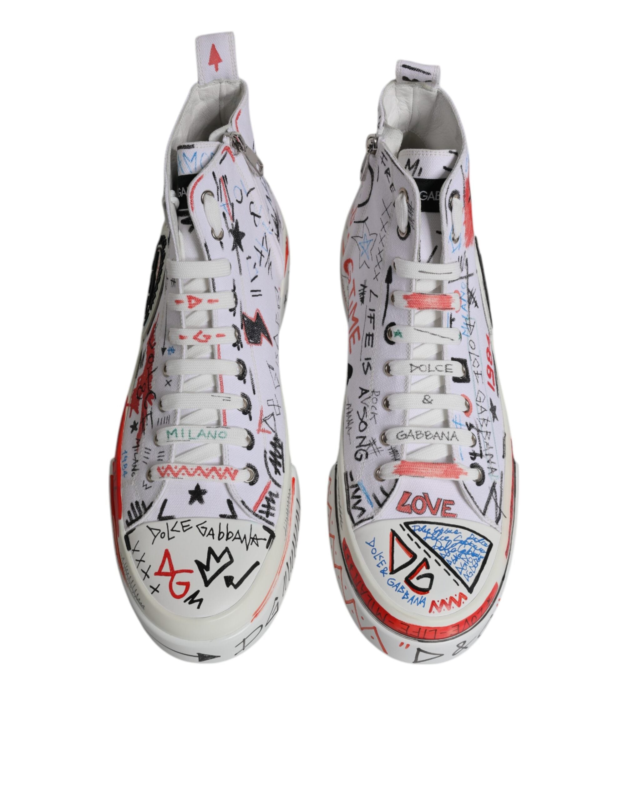 Dolce &amp; Gabbana – Weiße High-Top-Sneaker aus Baumwolle mit Graffiti-Motiv
