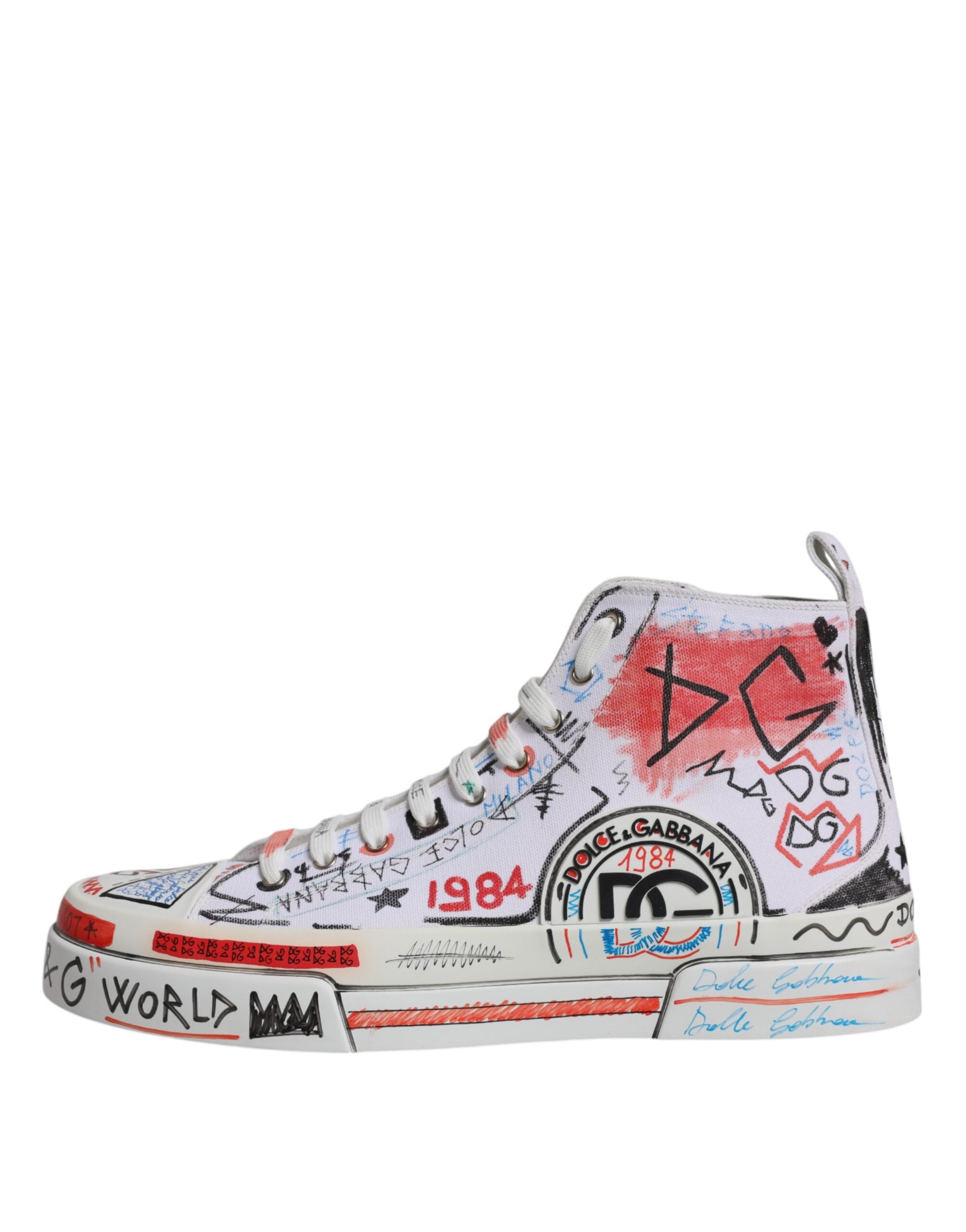 Dolce &amp; Gabbana – Weiße High-Top-Sneaker aus Baumwolle mit Graffiti-Motiv