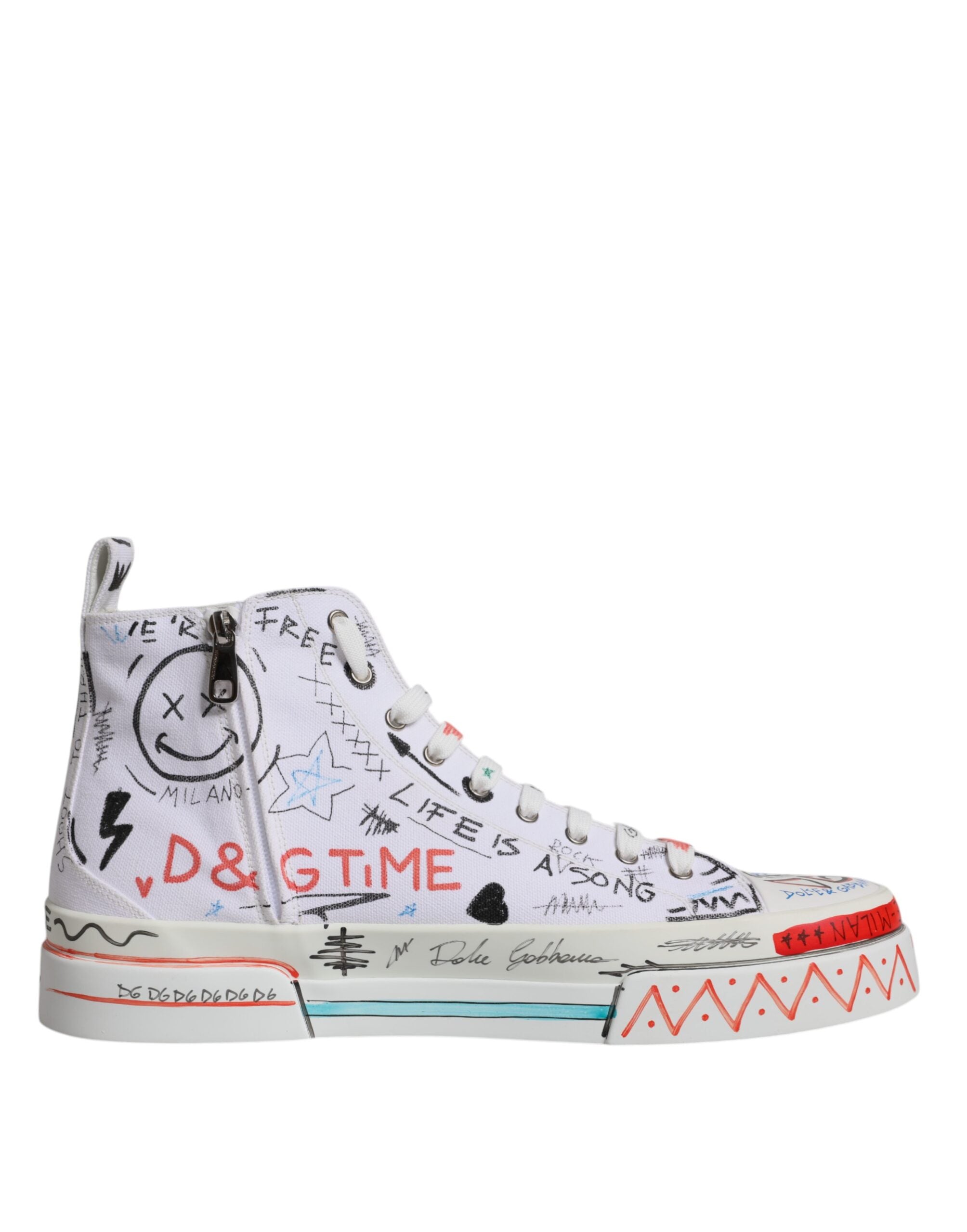 Dolce &amp; Gabbana – Weiße High-Top-Sneaker aus Baumwolle mit Graffiti-Motiv