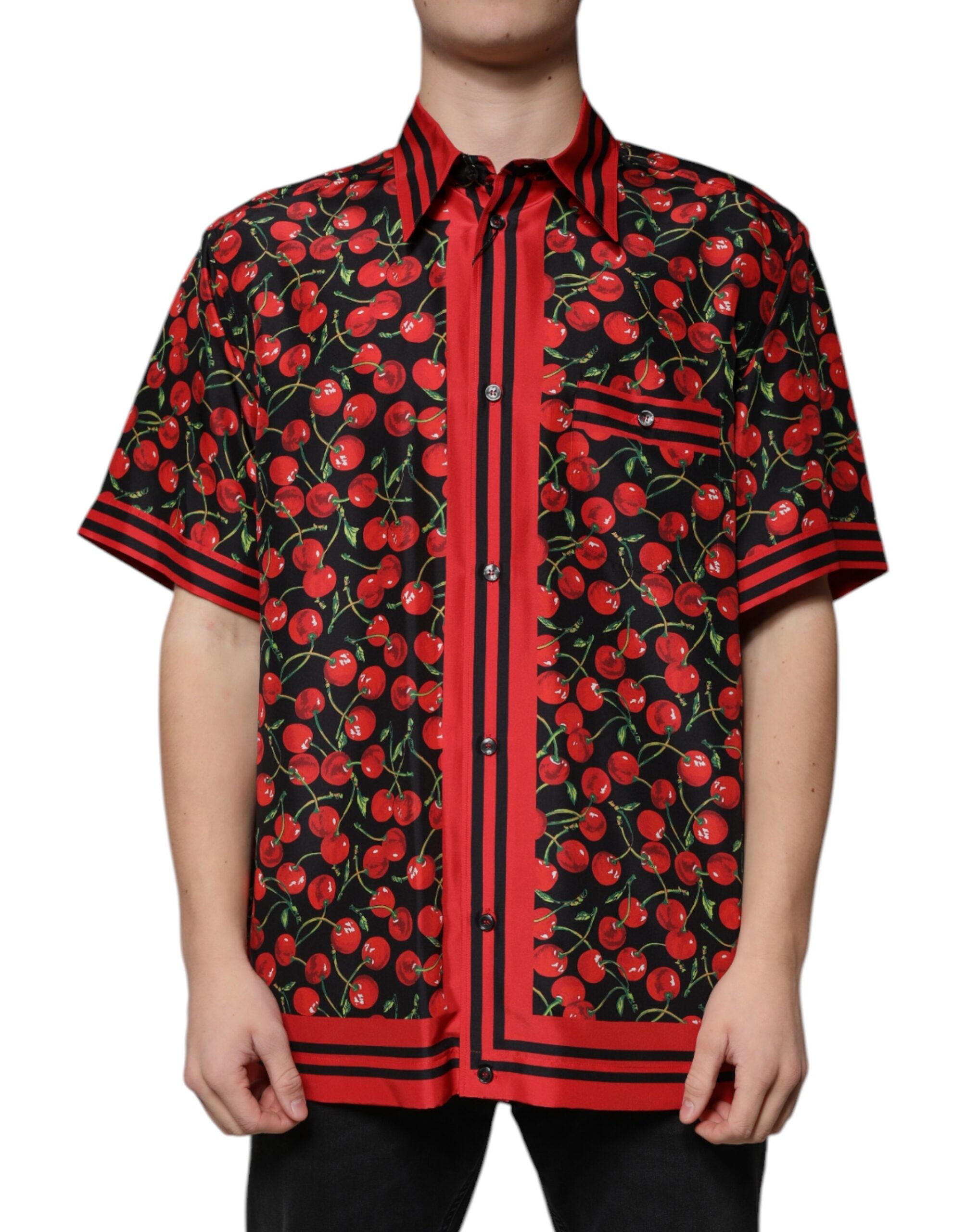 Dolce &amp; Gabbana Schwarzes, kirschrotes Seidenhemd mit Knopfleiste
