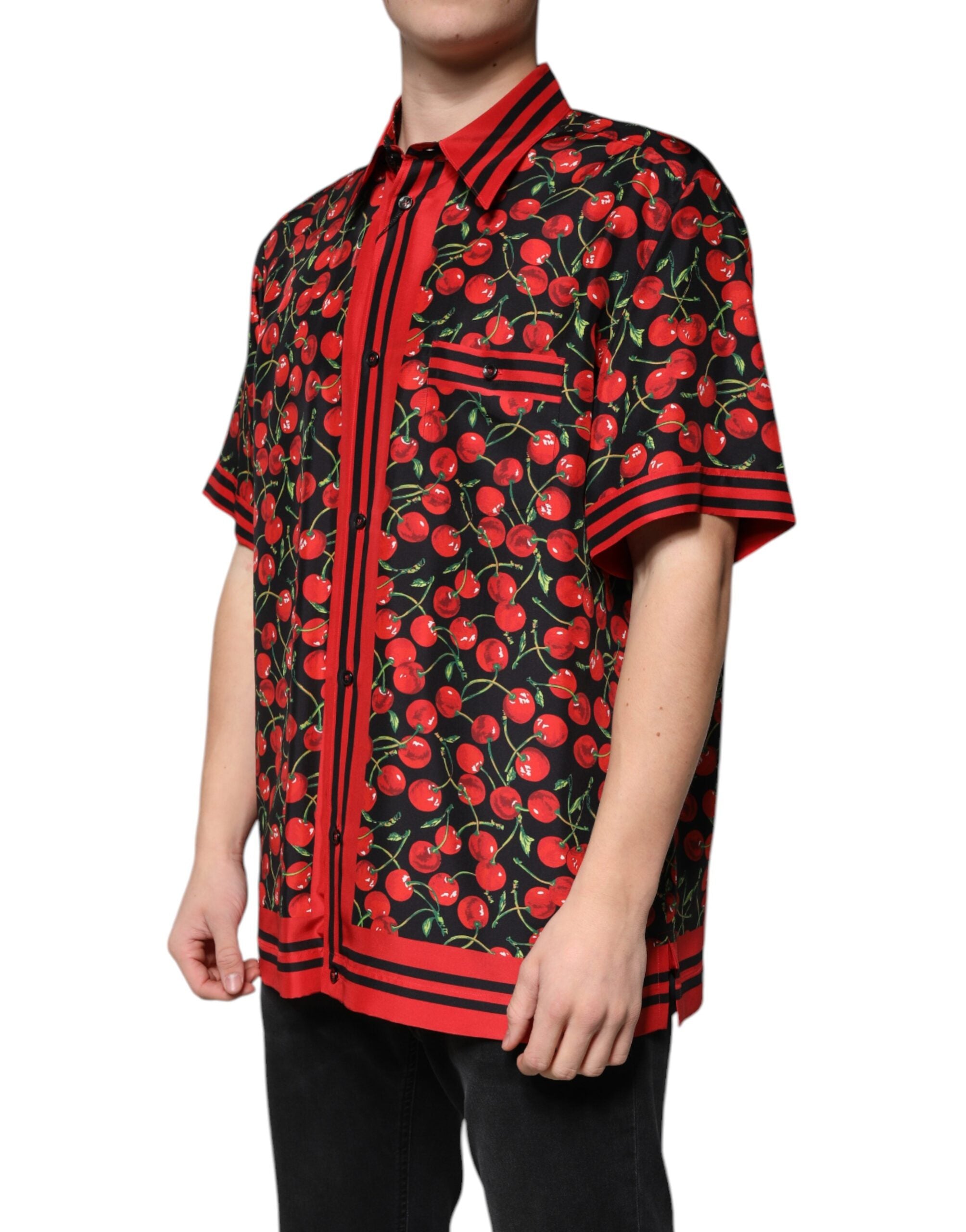 Dolce &amp; Gabbana Schwarzes, kirschrotes Seidenhemd mit Knopfleiste