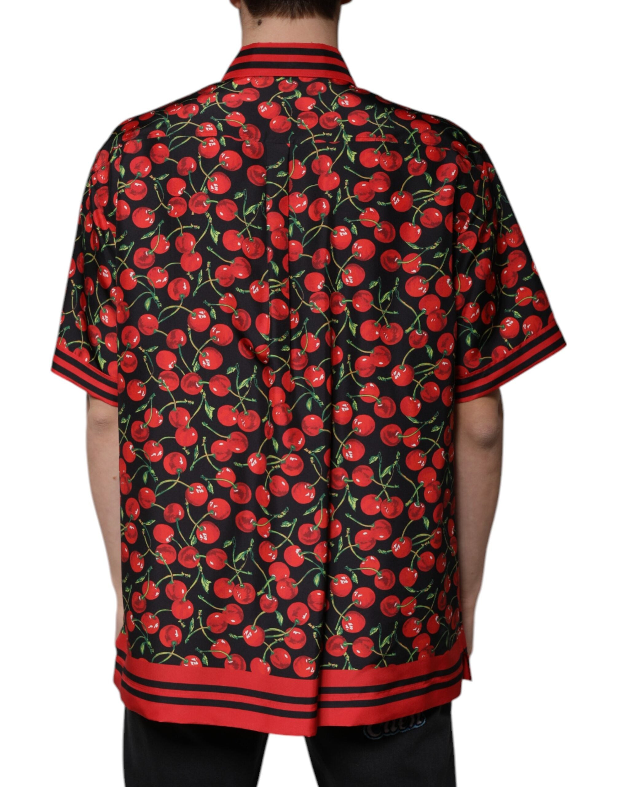 Dolce &amp; Gabbana Schwarzes, kirschrotes Seidenhemd mit Knopfleiste
