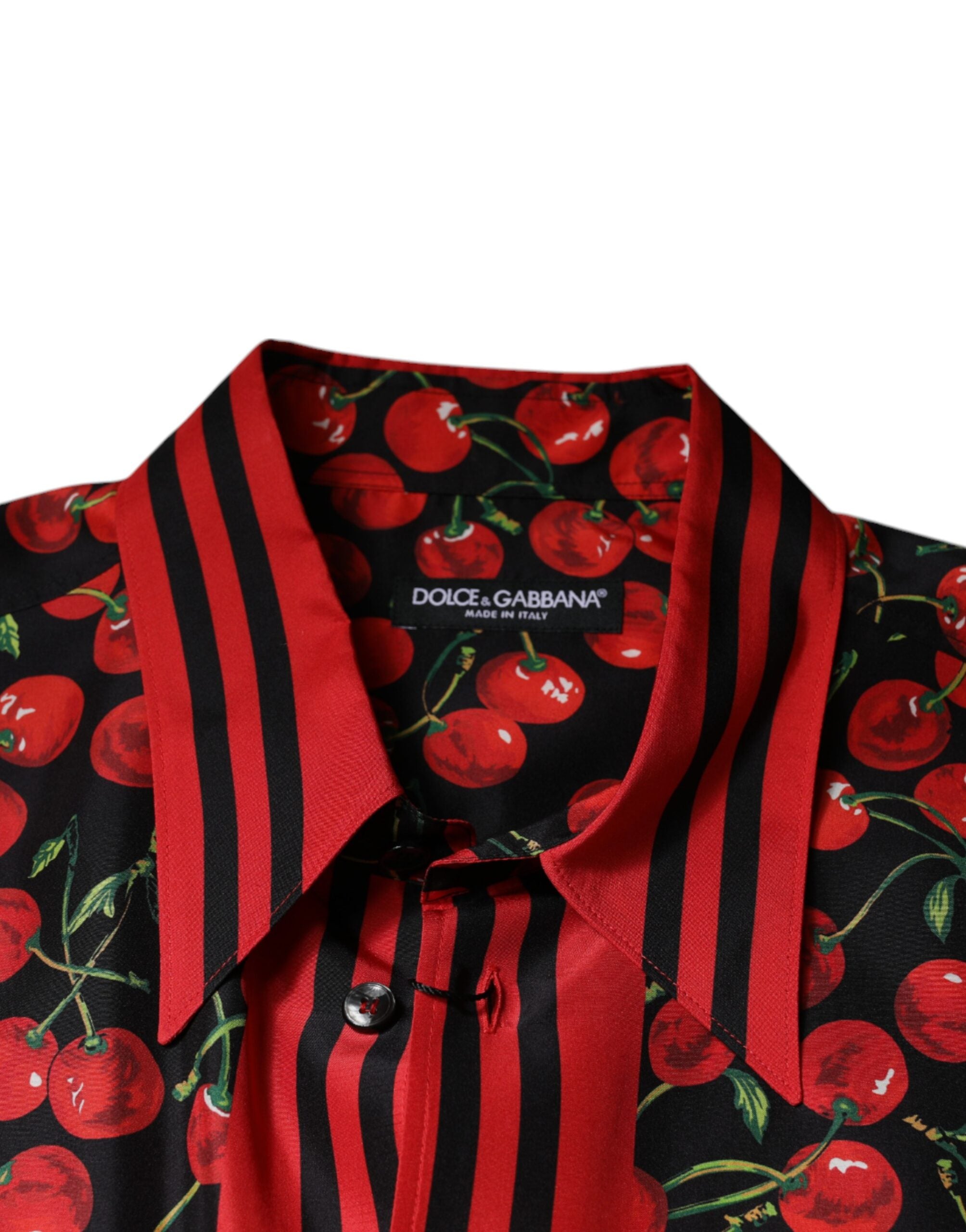 Dolce &amp; Gabbana Schwarzes, kirschrotes Seidenhemd mit Knopfleiste